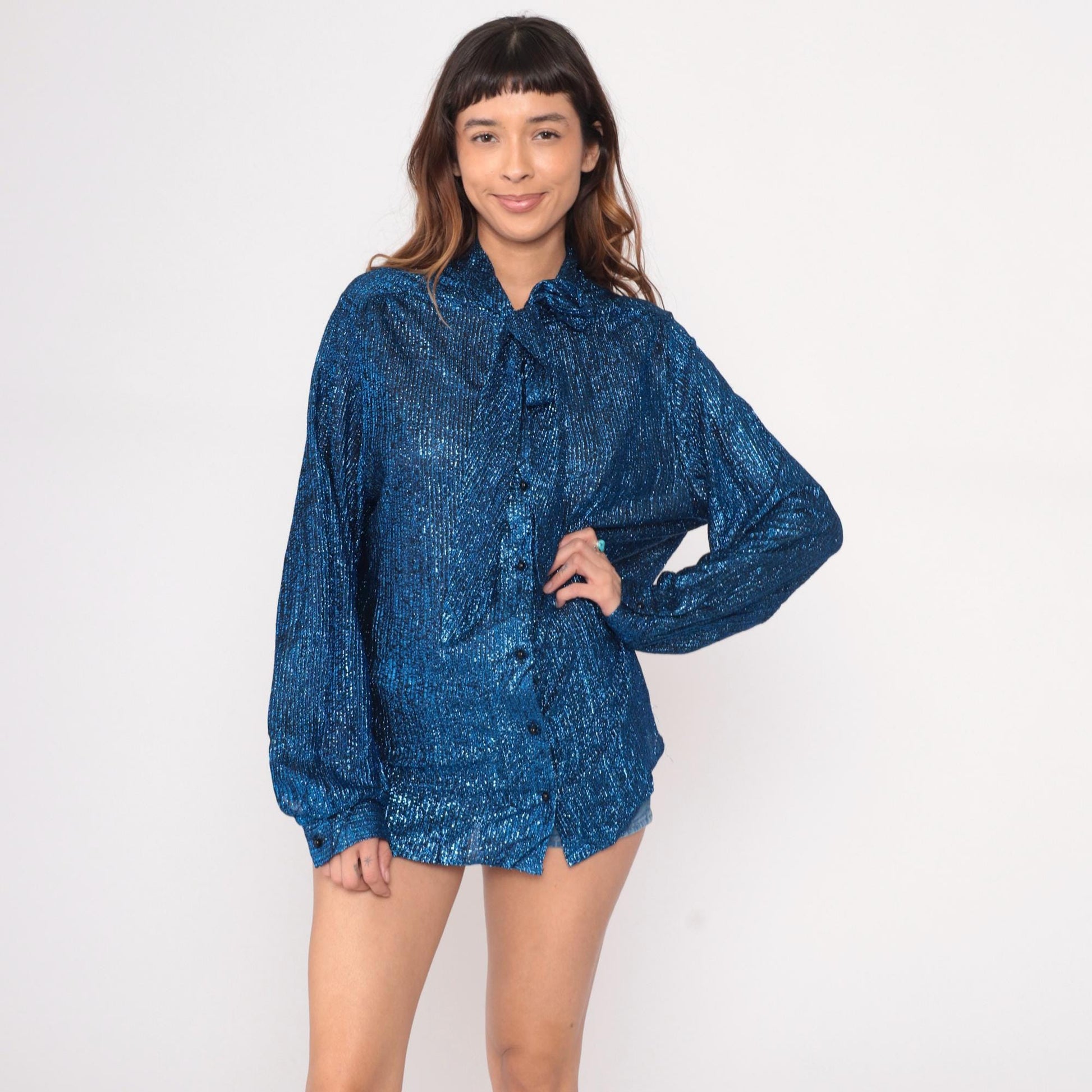 70s Metallic Blue Disco Shirt Long Sleeve Button Front Large L