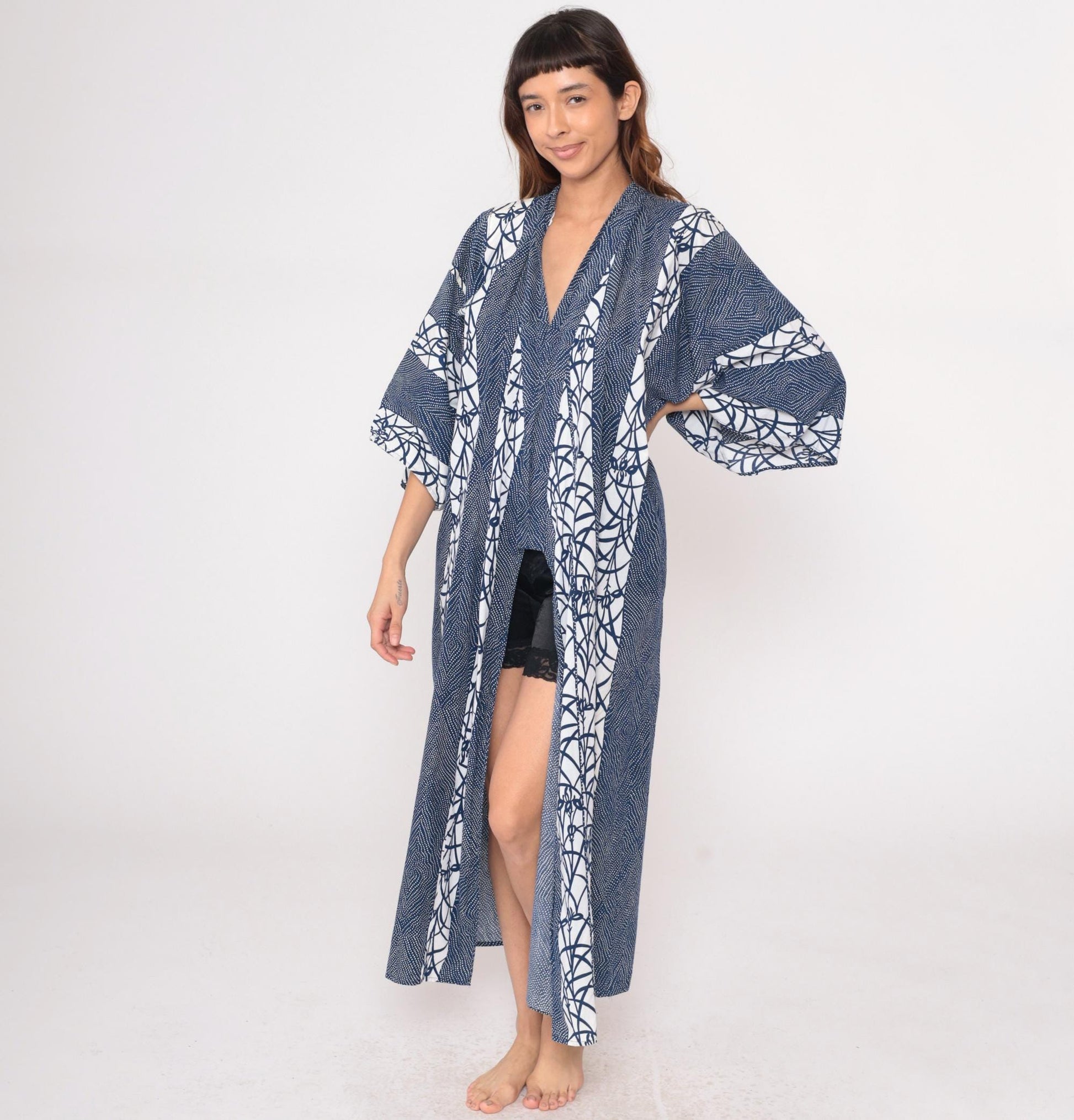 70s Navy Blue White Geometric Kimono Robe Maxi Cotton Wrap Large L