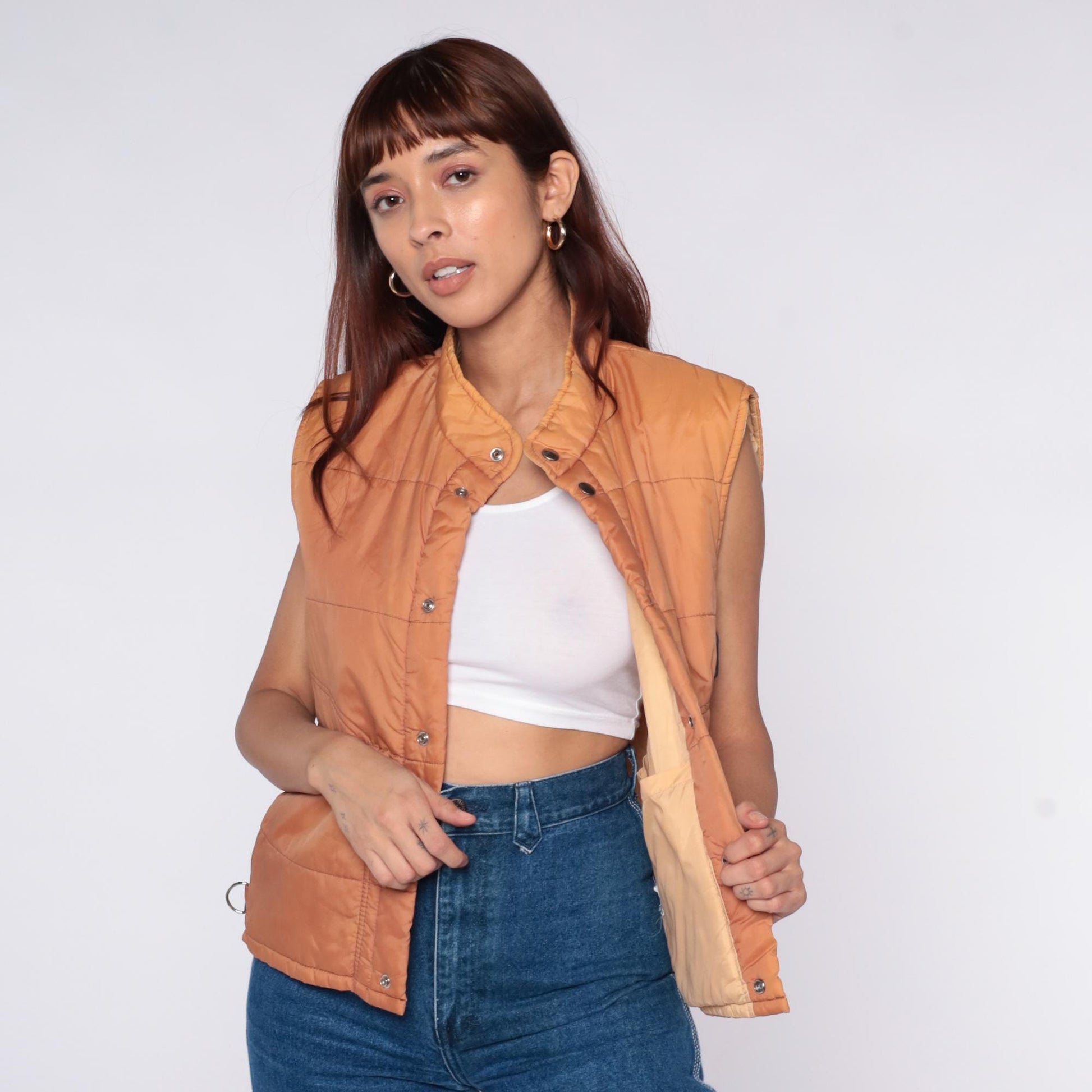 70s Sears Quilted Puffer Vest Peach Nylon Snap Closure Medium M