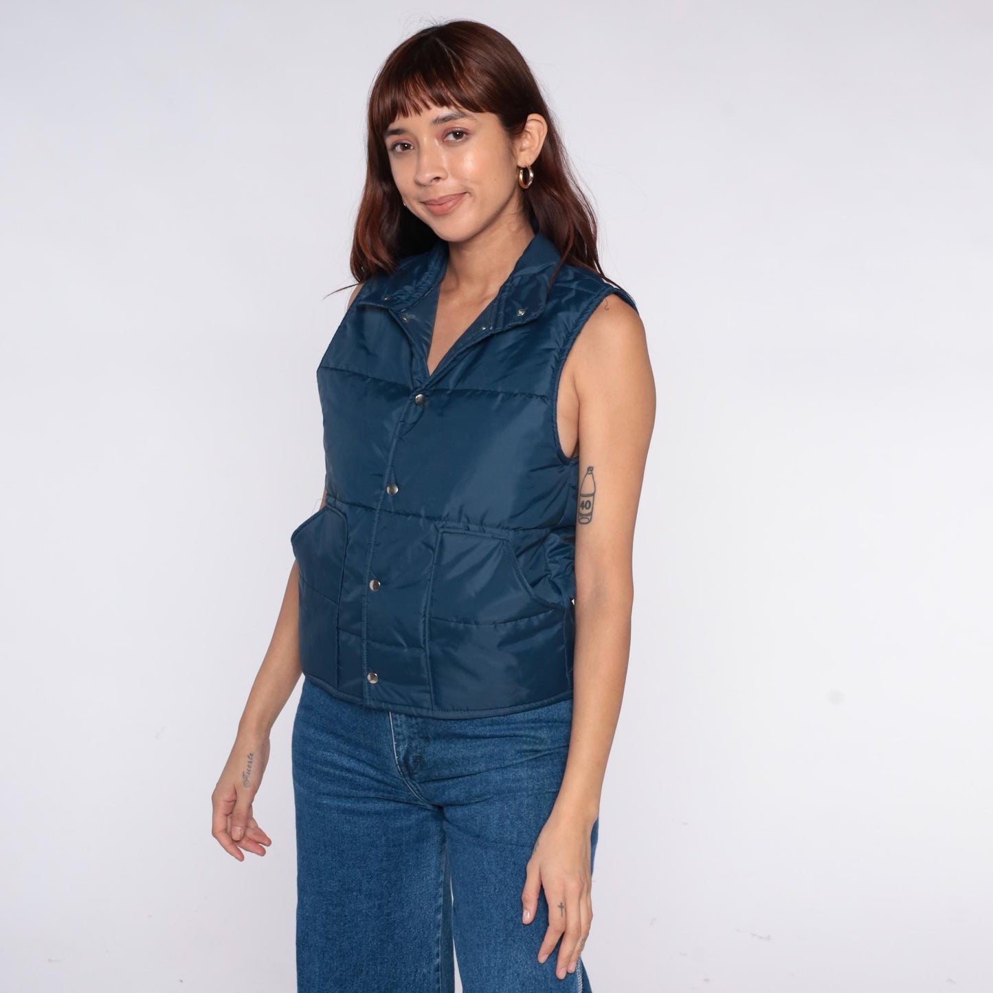 70s Pla-Jac Quilted Ski Vest Teal Snap Collar Sleeveless Medium
