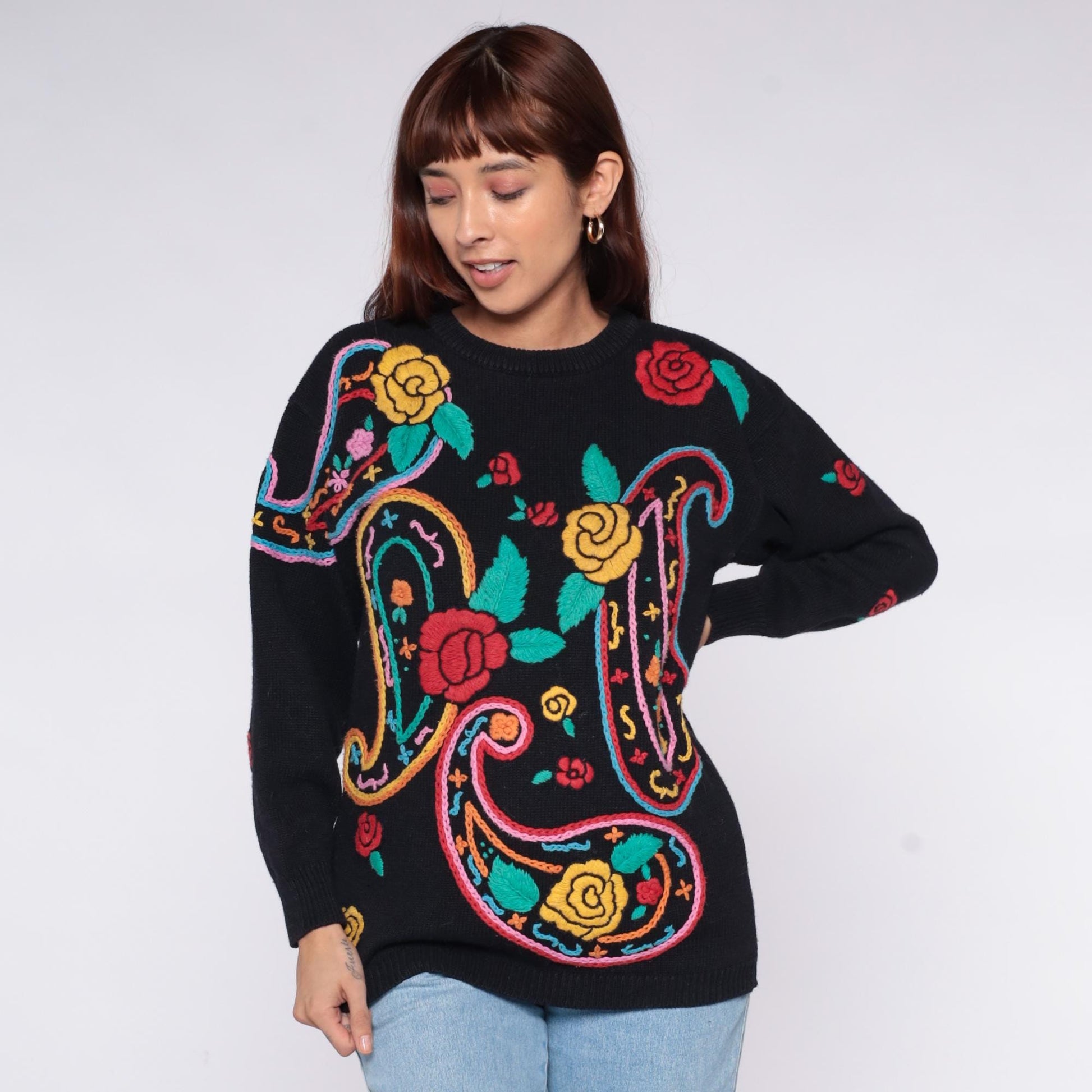 90s Western Connection Black Embroidered Paisley Sweater Snakes Roses Small