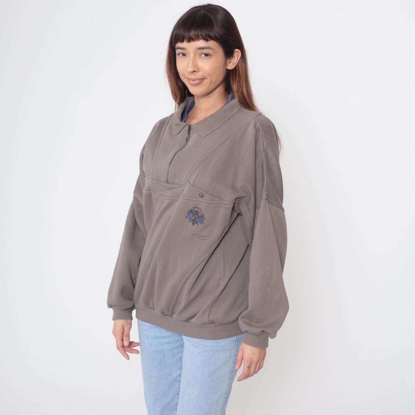 90s Todays News Half Zip Sweatshirt Taupe Embroidered Logo Large L