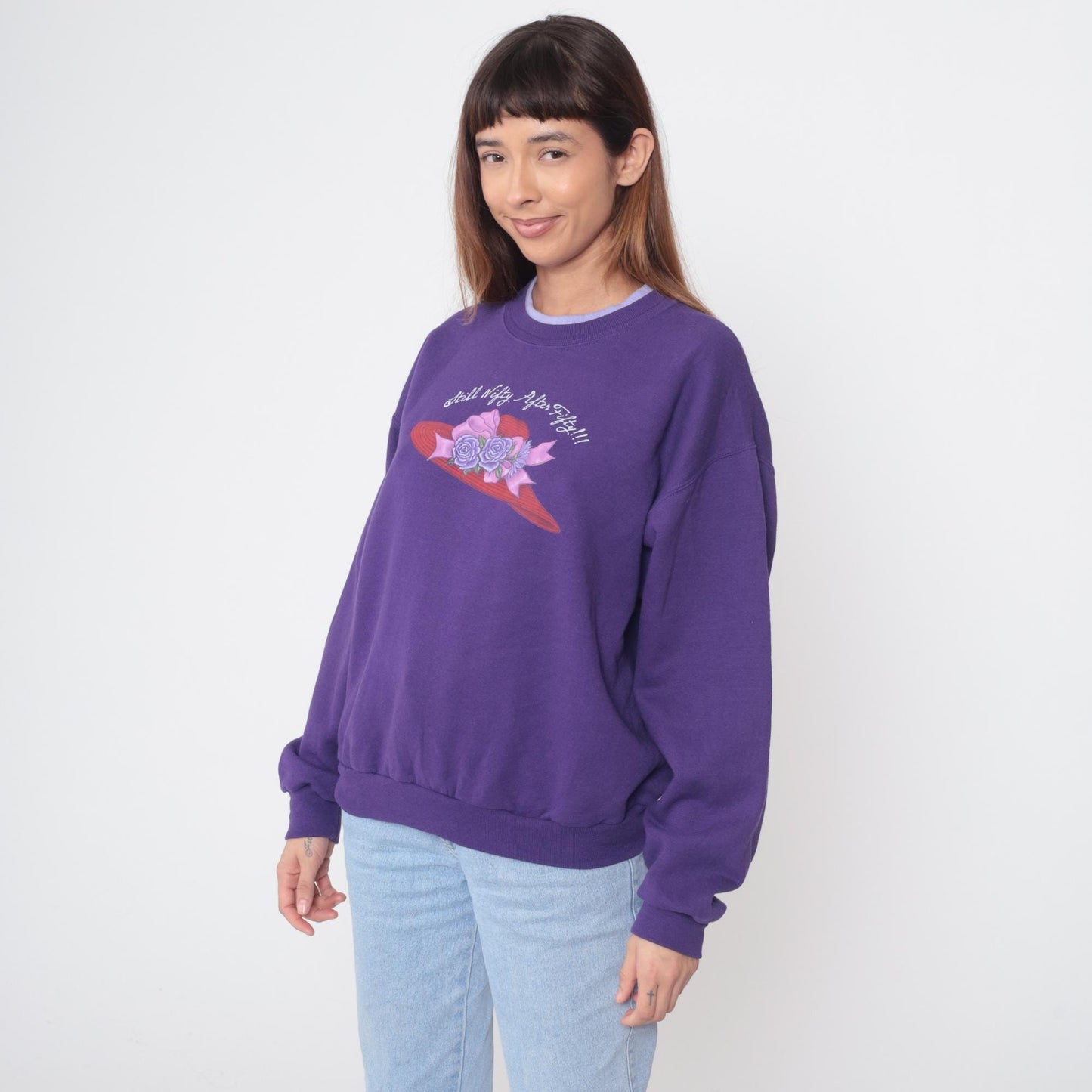 90s Morning Sun Purple Sweatshirt Red Hat Lady Graphic Crewneck Medium M