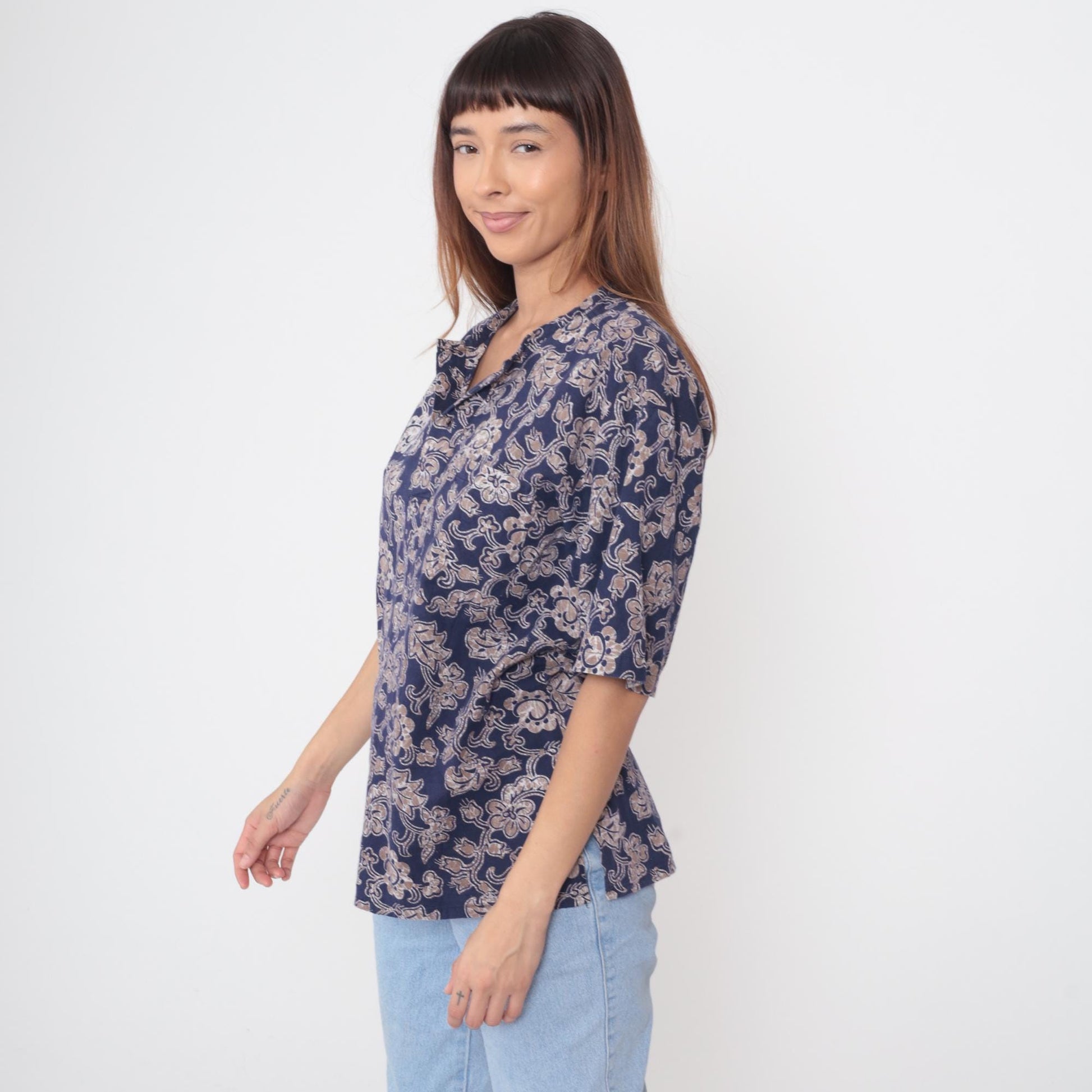 Y2K Craute Navy Paisley Floral Button-Up Blouse Short Sleeve Large L