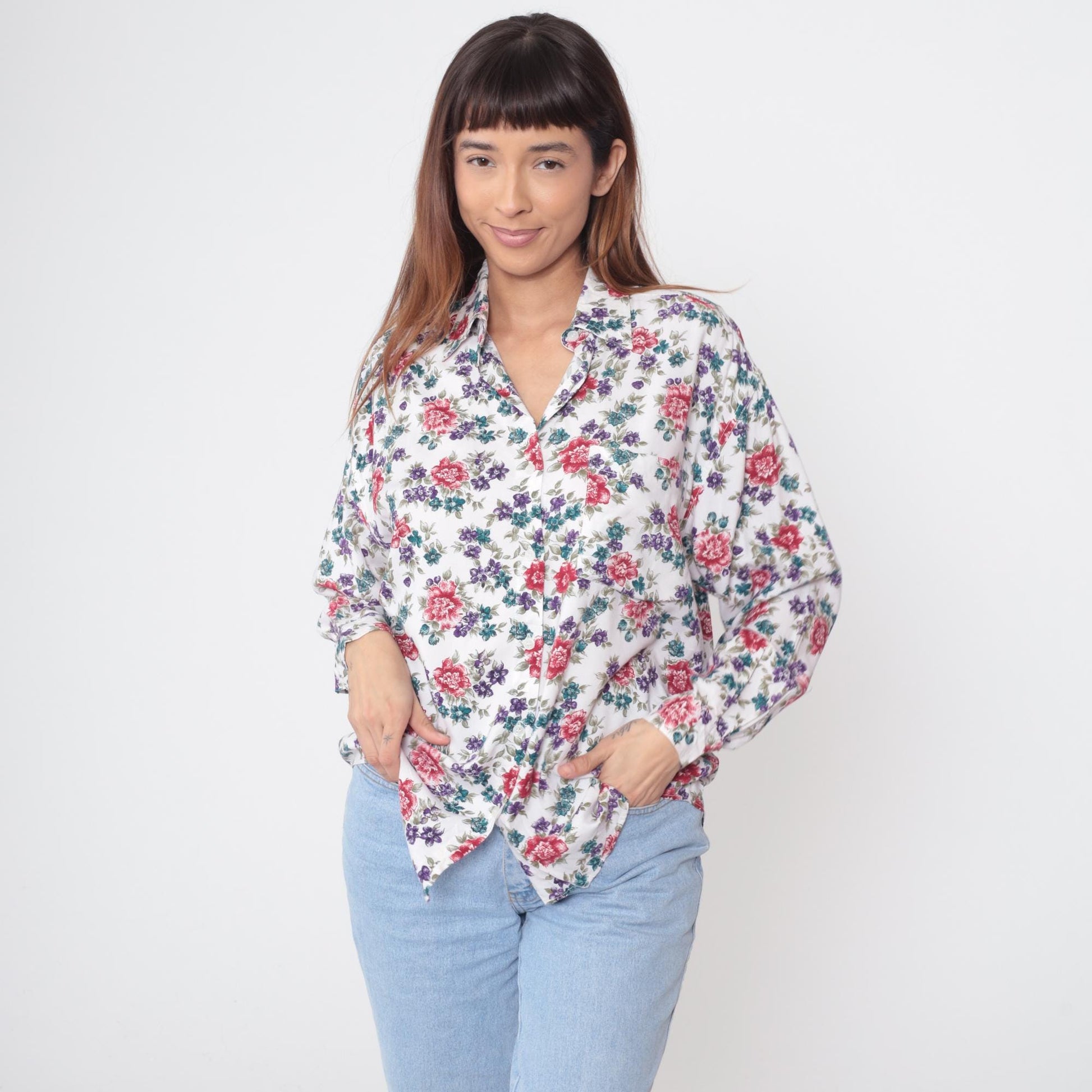 90s Ilio Floral Button-Up Blouse White Rose Print Rayon Medium M