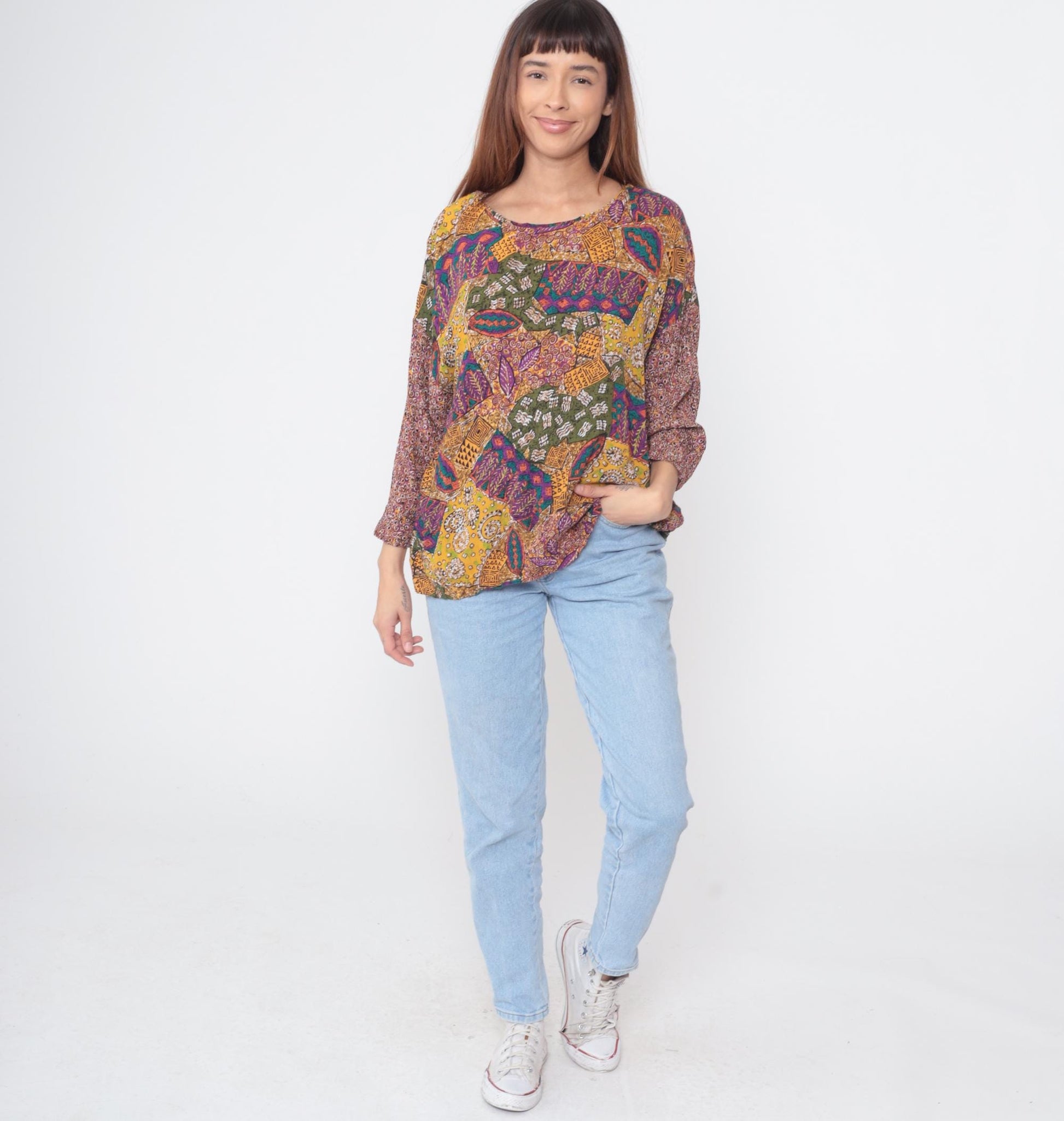 Y2K Multicolor Abstract Patchwork Rayon Shirt Long Sleeve Large L