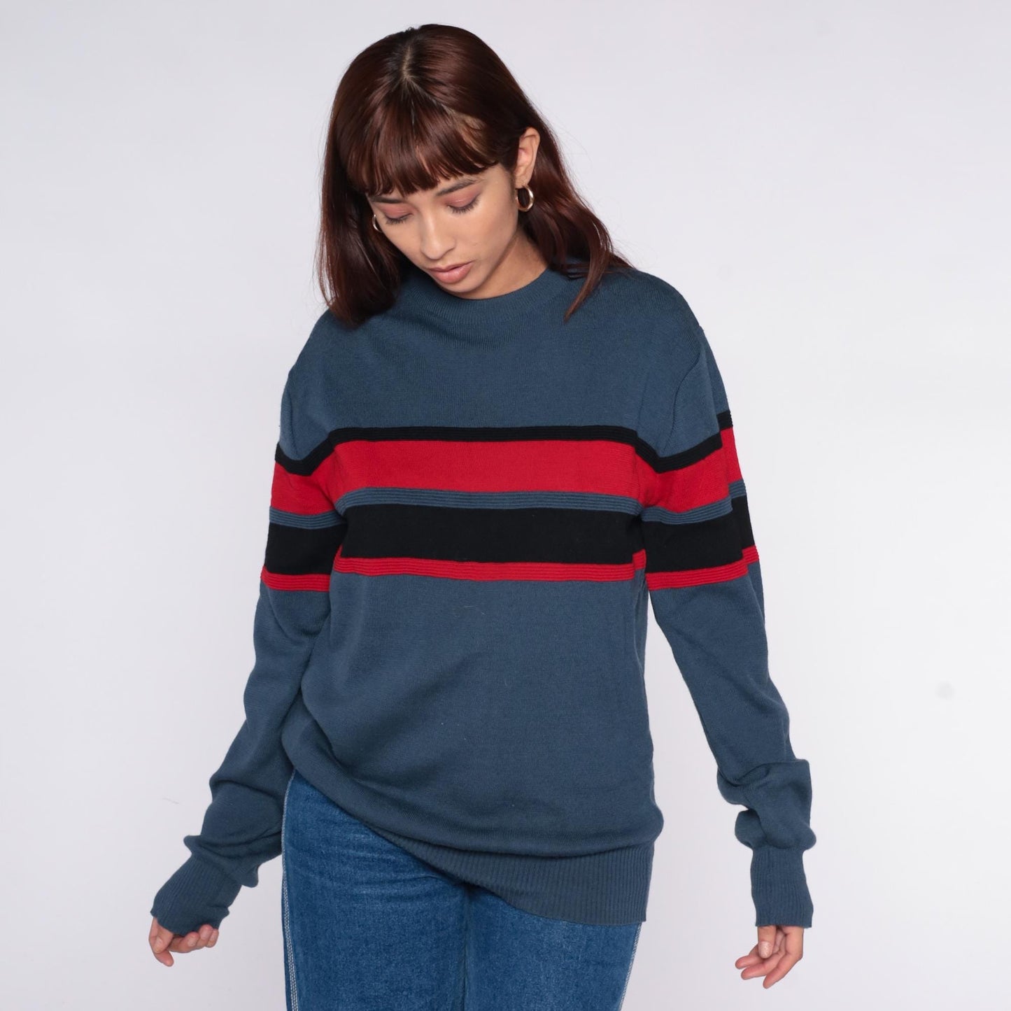 70s Meister Wool Sweater Striped Grey Red Black Crew Neck Extra Large XL