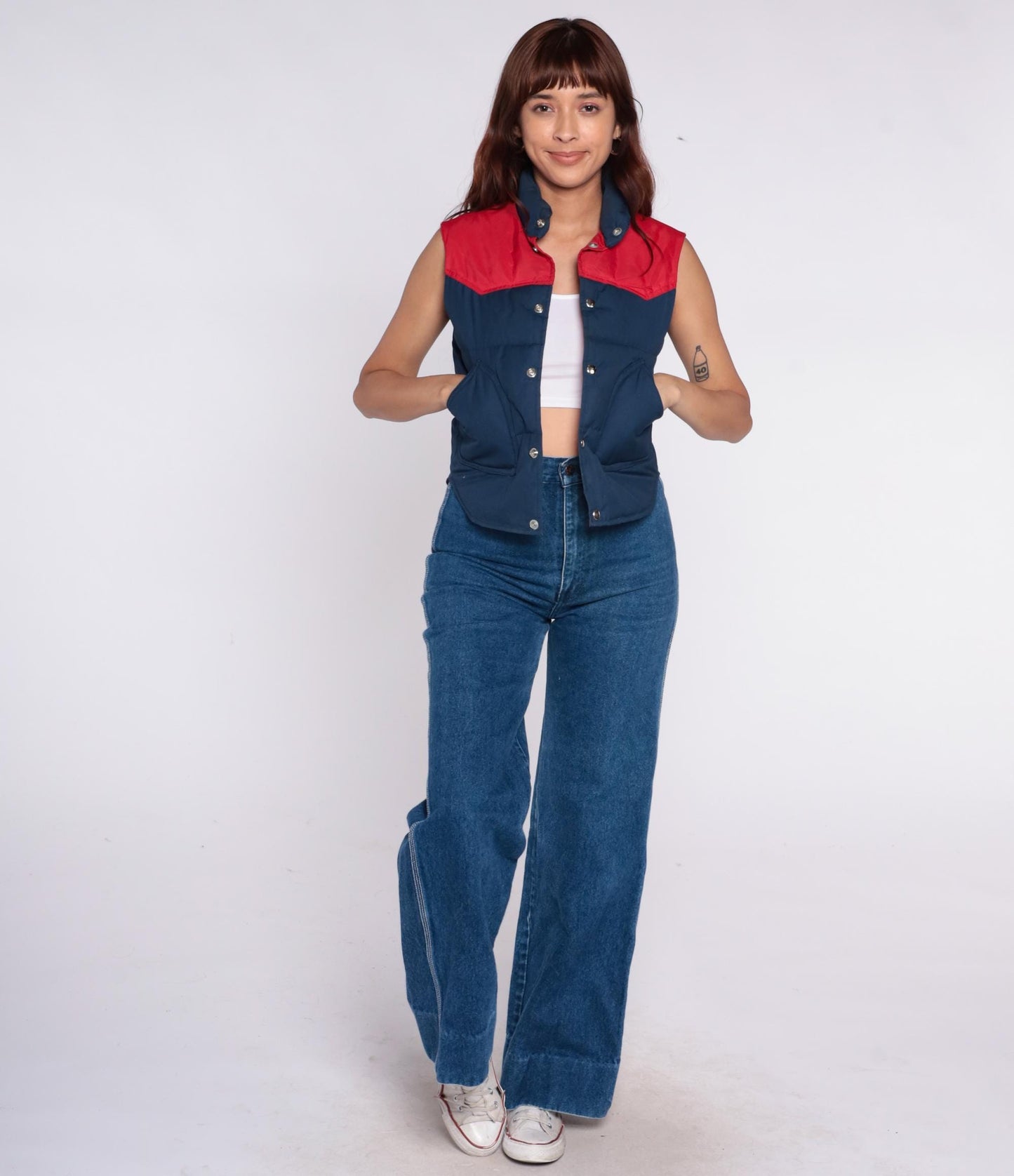 80s Brandon Colorado Navy Red Quilted Down Vest Western Yoke Extra Small XS