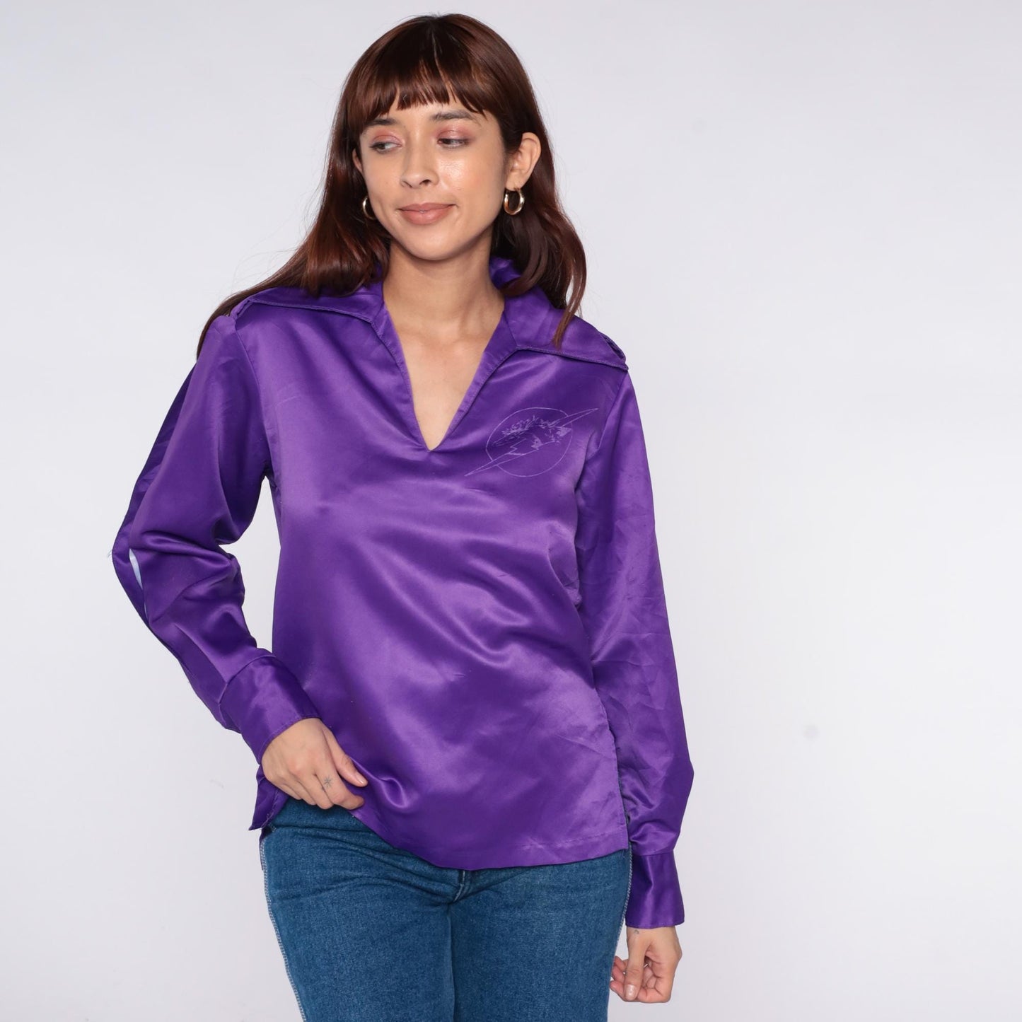 70s Daels Hawaii Purple Satin Polo Shirt Mustang Lightning Embroidered Small