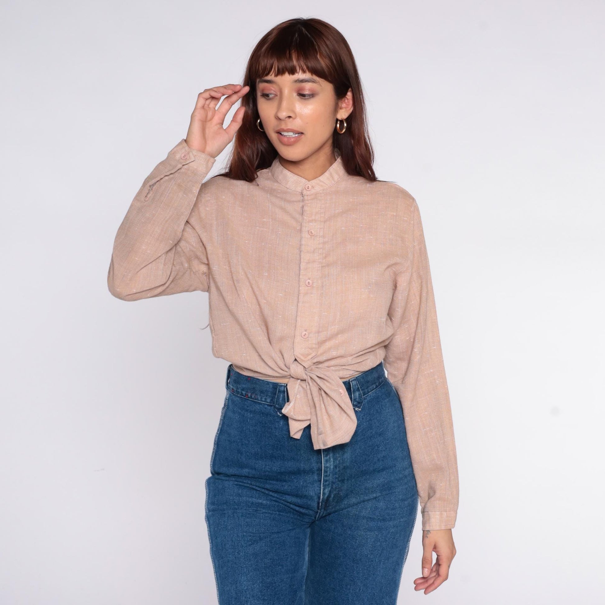 70s Mar Vista Cream Button-Up Blouse Band Collar Long Sleeve Medium