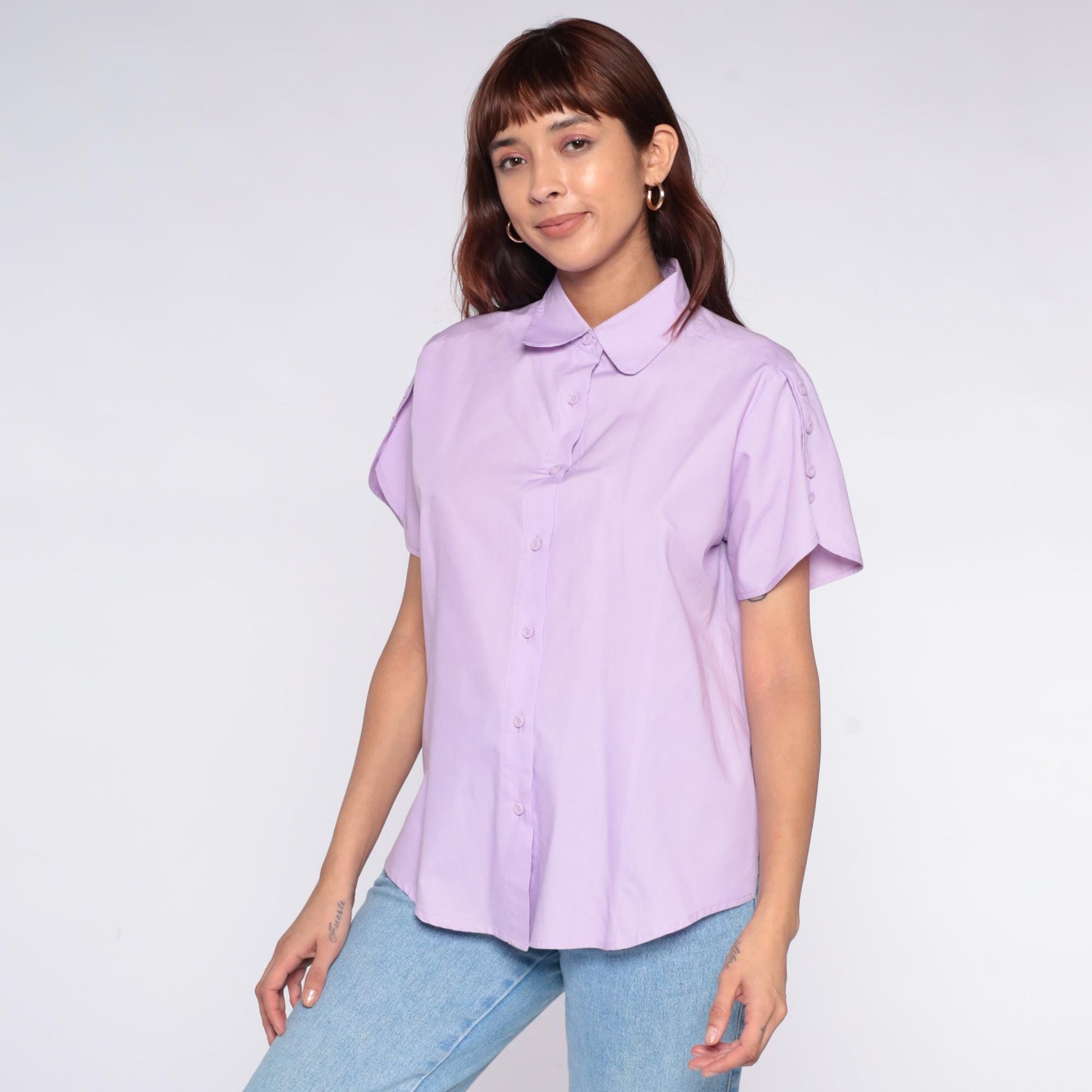 80s American Sweetheart Lavender Button Blouse Peter Pan Collar Medium M