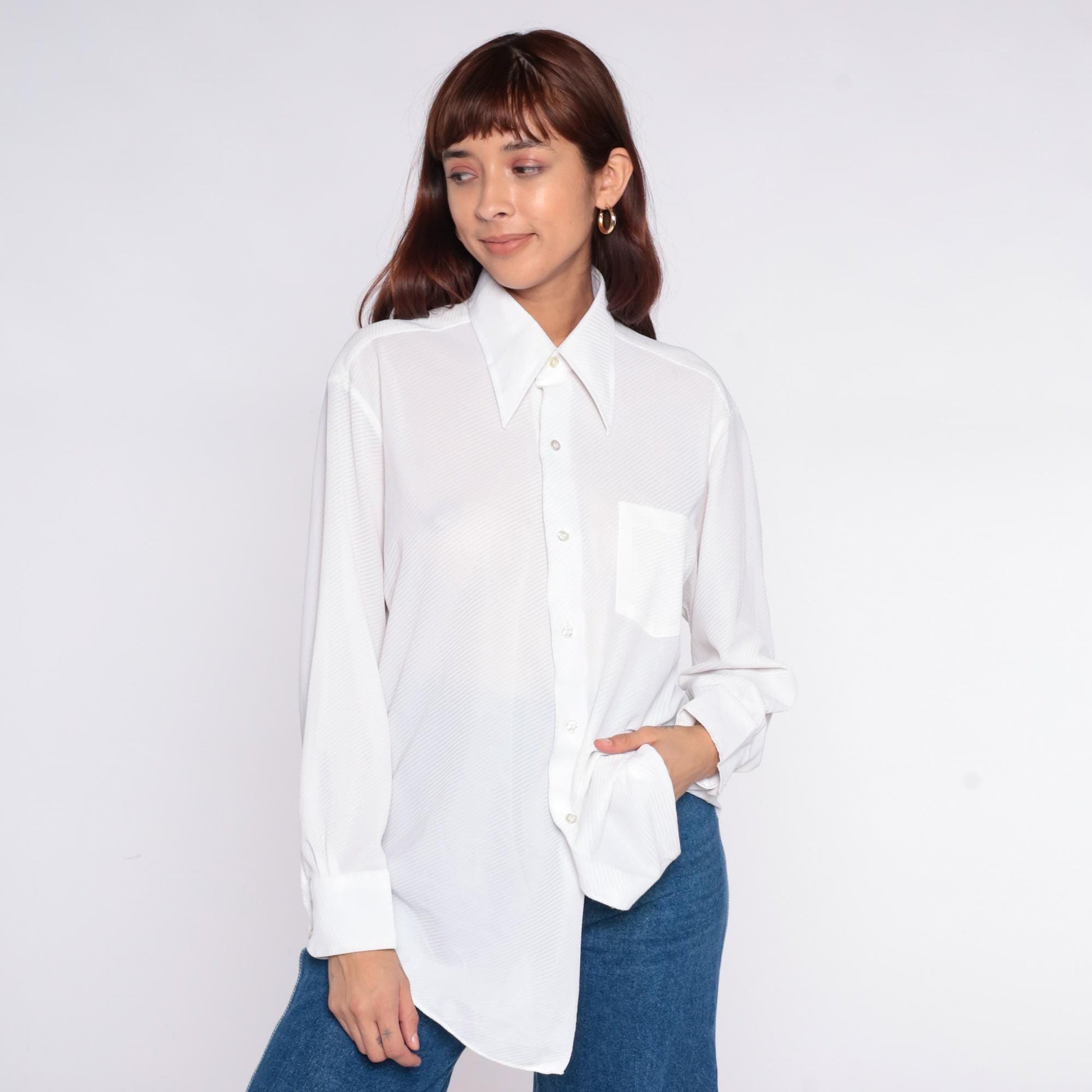 70s Montgomery Ward White Button-Up Shirt Diagonal Ribbed Long Sleeve Large