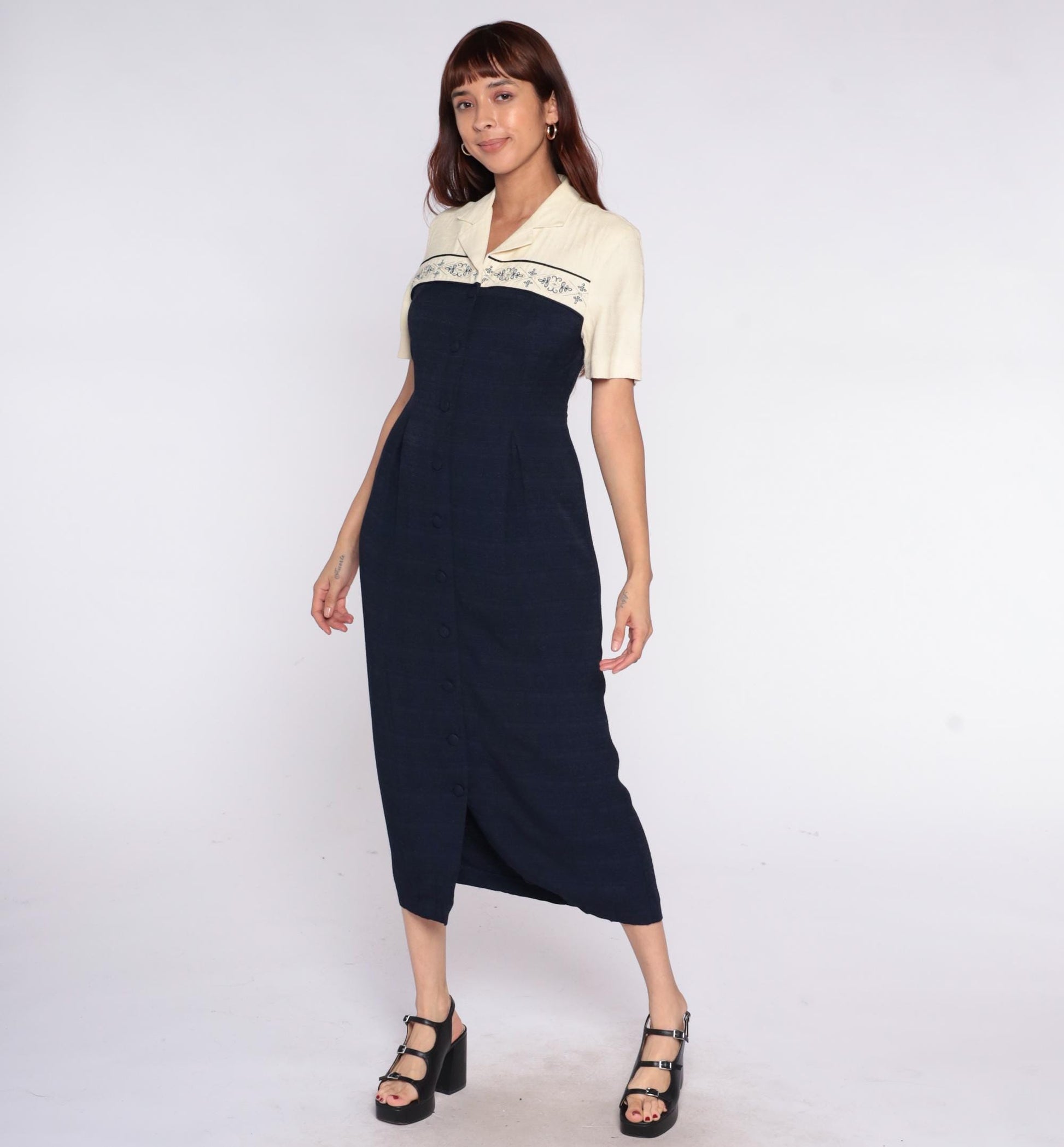 90s Dressbarn Color Block Midi Dress Cream Navy Collared Small