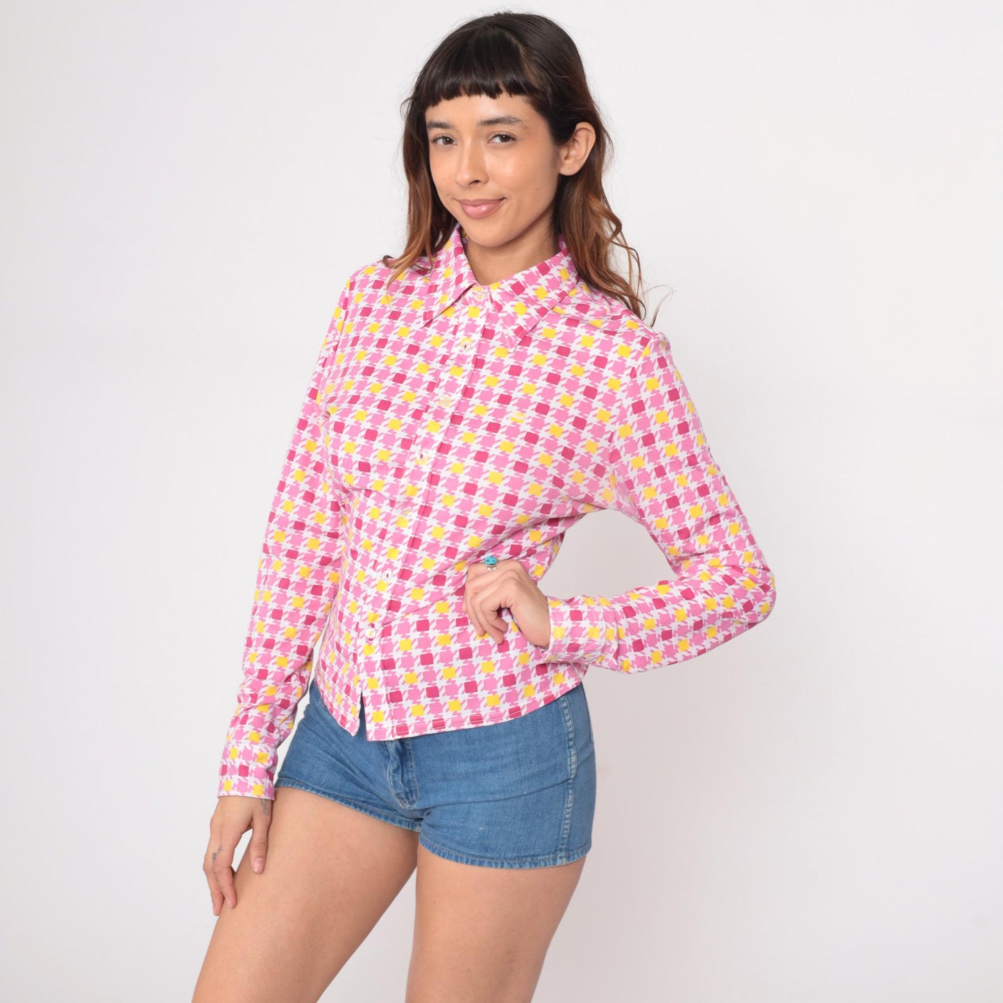 90s Guess Geometric Square Print Button Blouse Pink Yellow Small S
