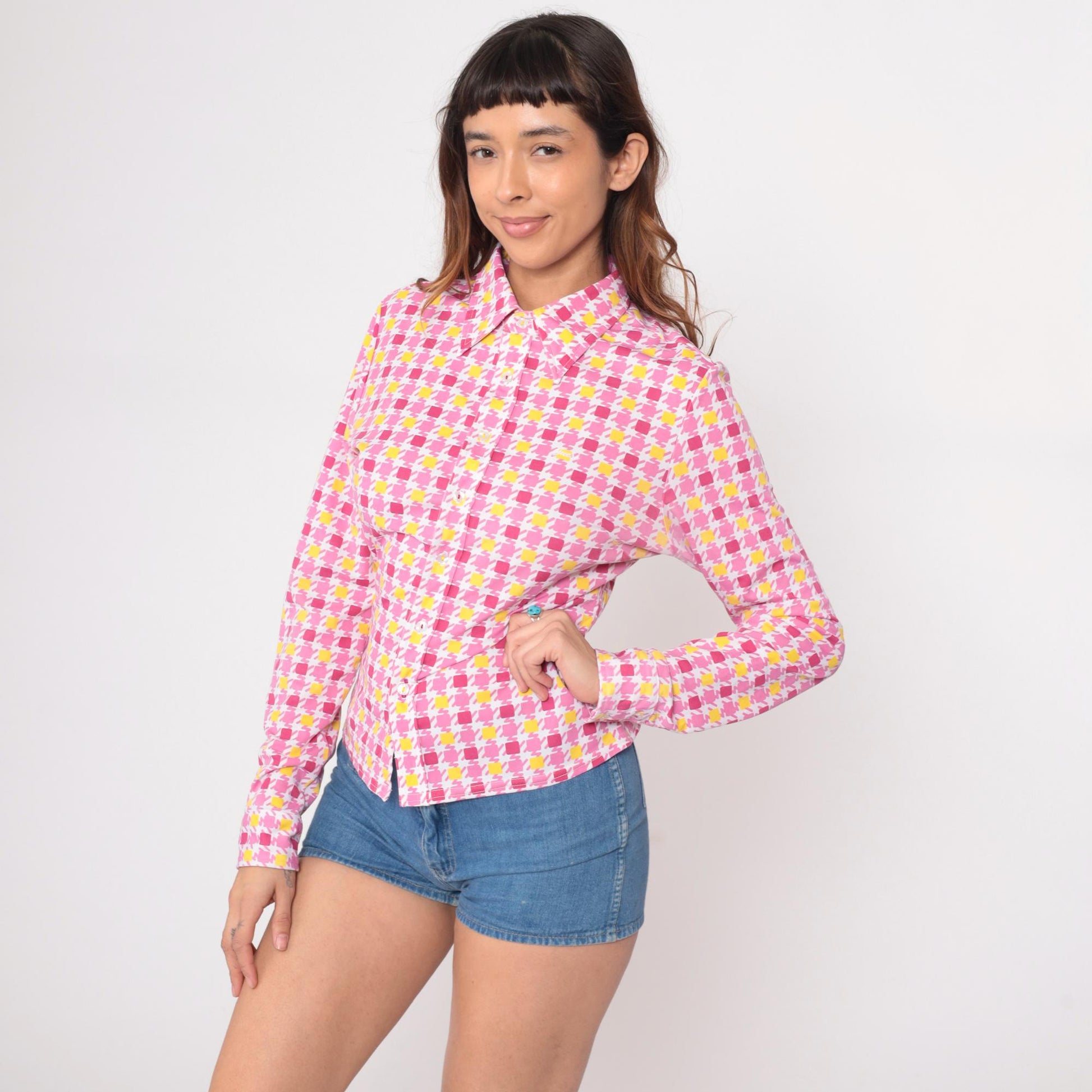 90s Guess Geometric Square Print Button Blouse Pink Yellow Small S