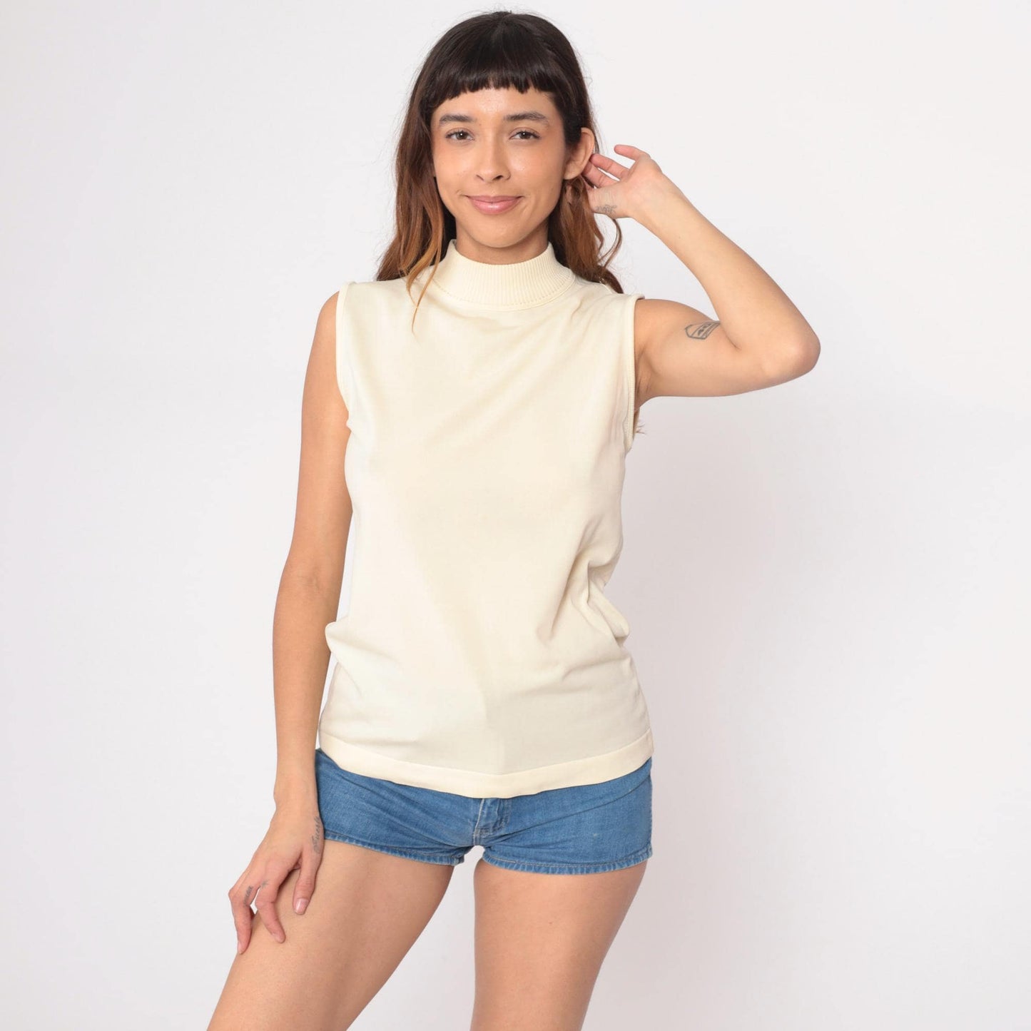 70s Cream Sleeveless Turtleneck Knit Shell Tank Top Small