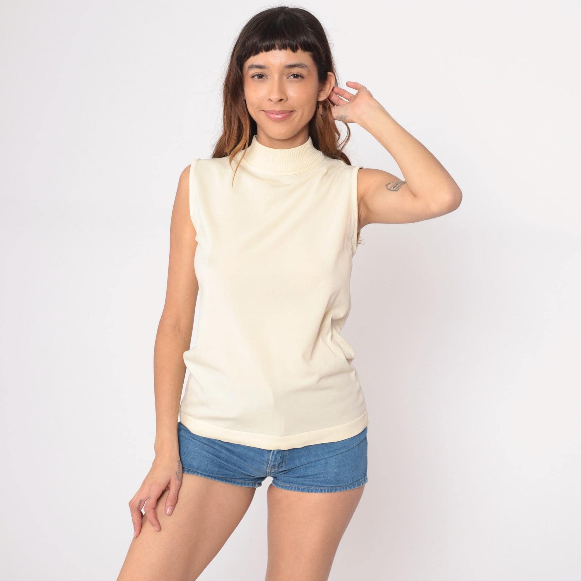 70s Cream Sleeveless Turtleneck Knit Shell Tank Top Small