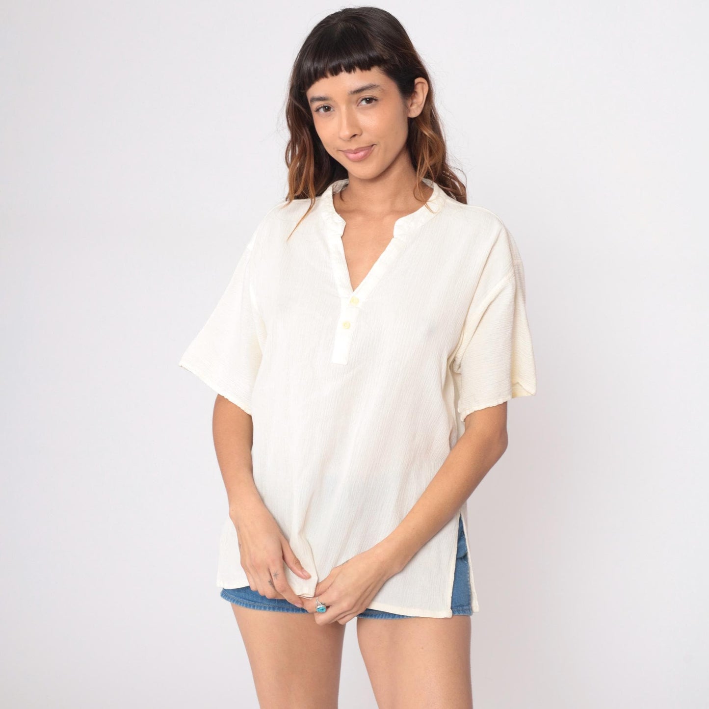 80s Cream Henley Short Sleeve V-Neck Top Cotton Blend Large L