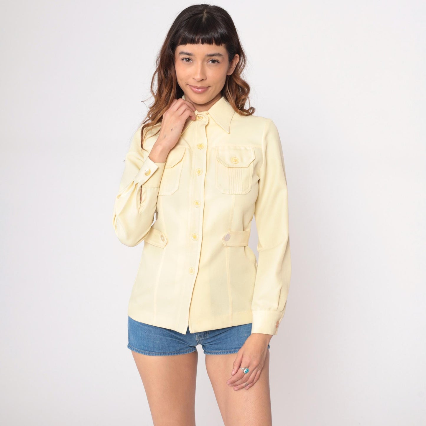 70s Yellow Safari Shirt Dagger Collar Button-Up Fitted Blouse Small