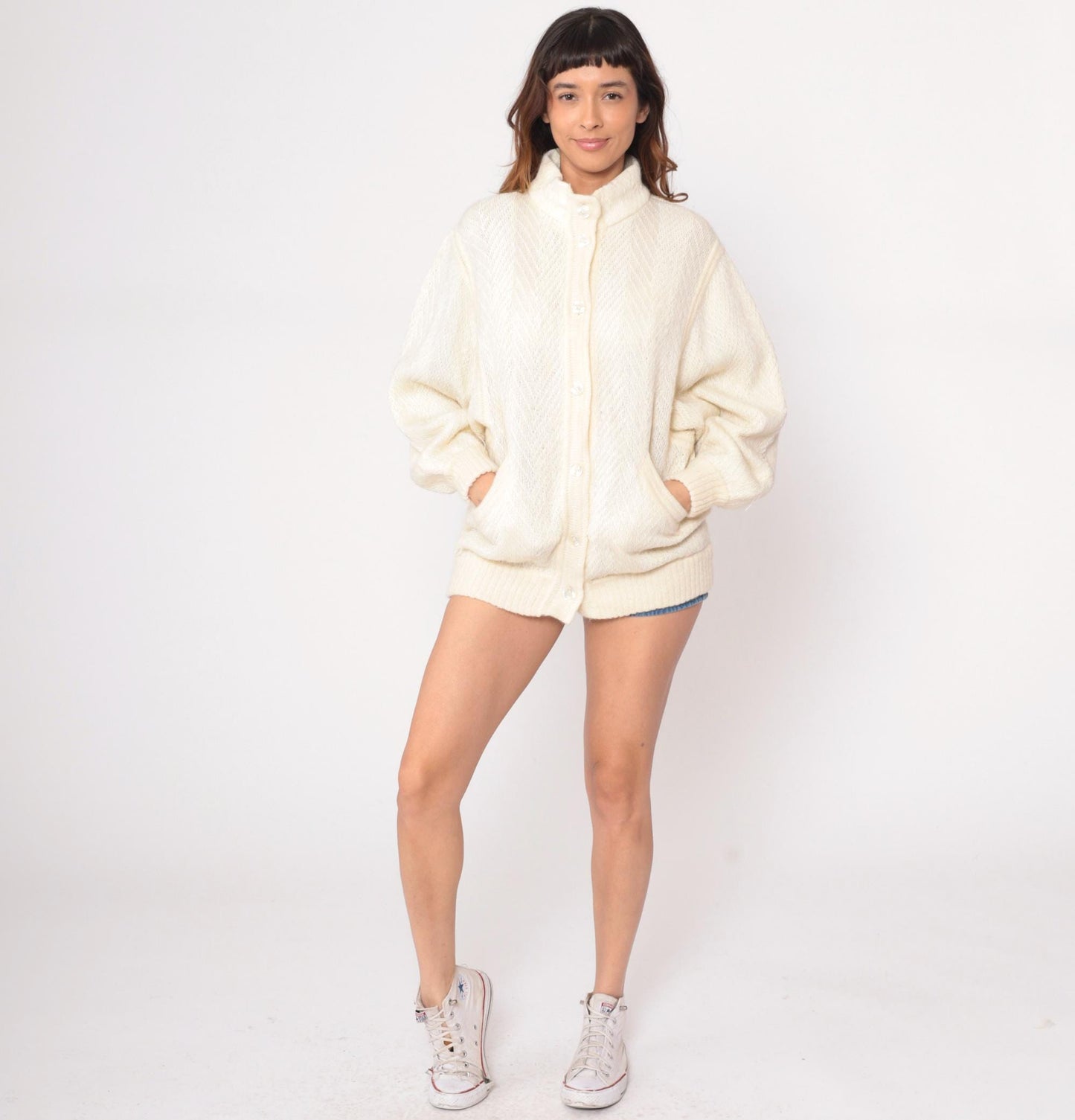 80s Leroy Cream Cardigan Open Lattice Knit Diamond Pattern Medium