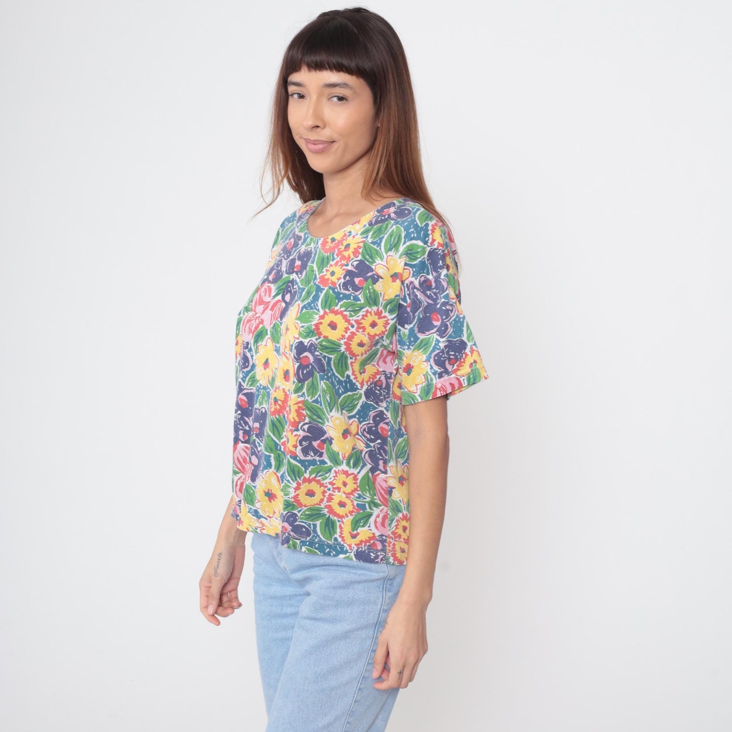 90s Emerald Isle Tropical Floral Blouse Botanical Print Scoop Neck Medium