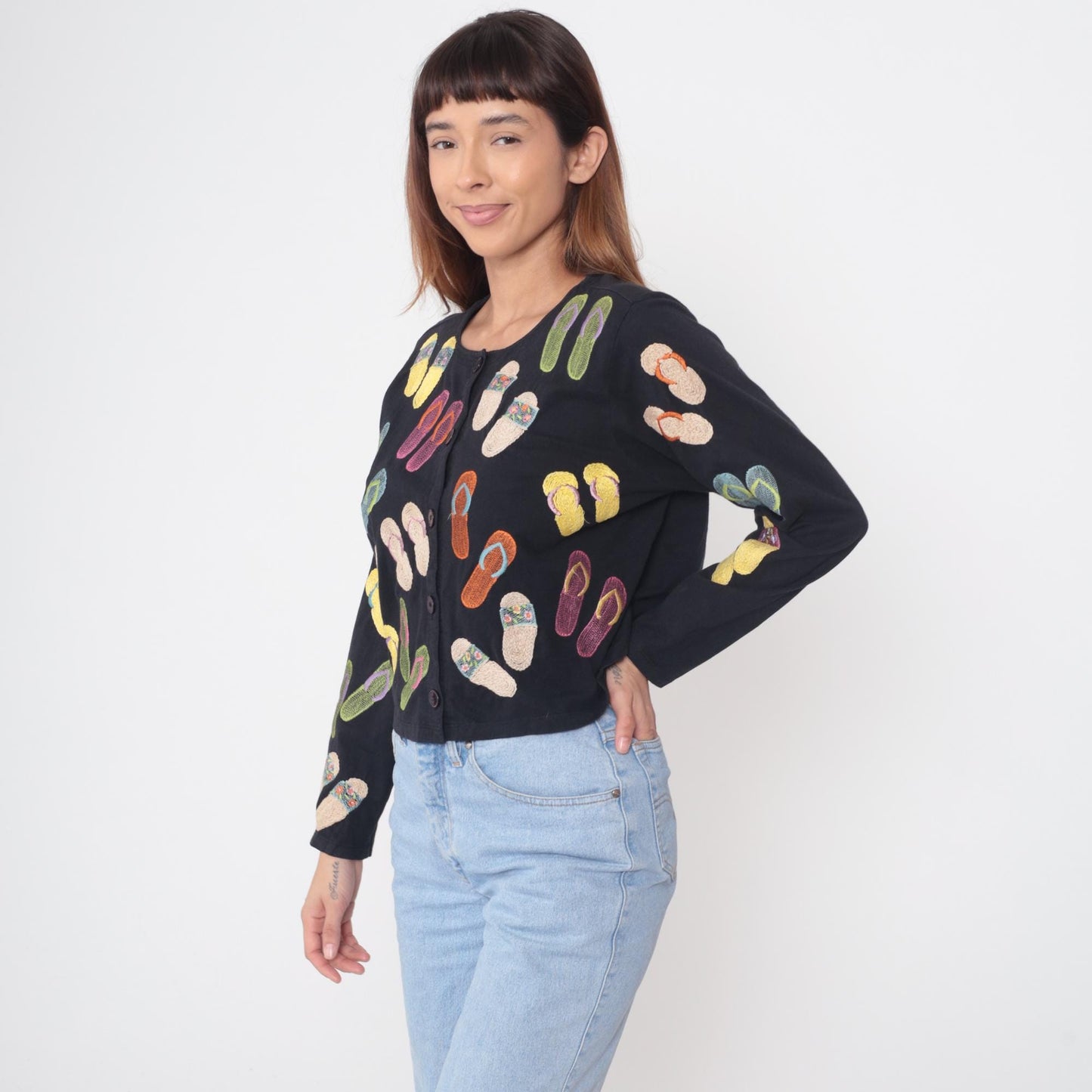 Y2K Lite Michael Simon Flip Flop Embroidered Cardigan Black Cotton Medium M