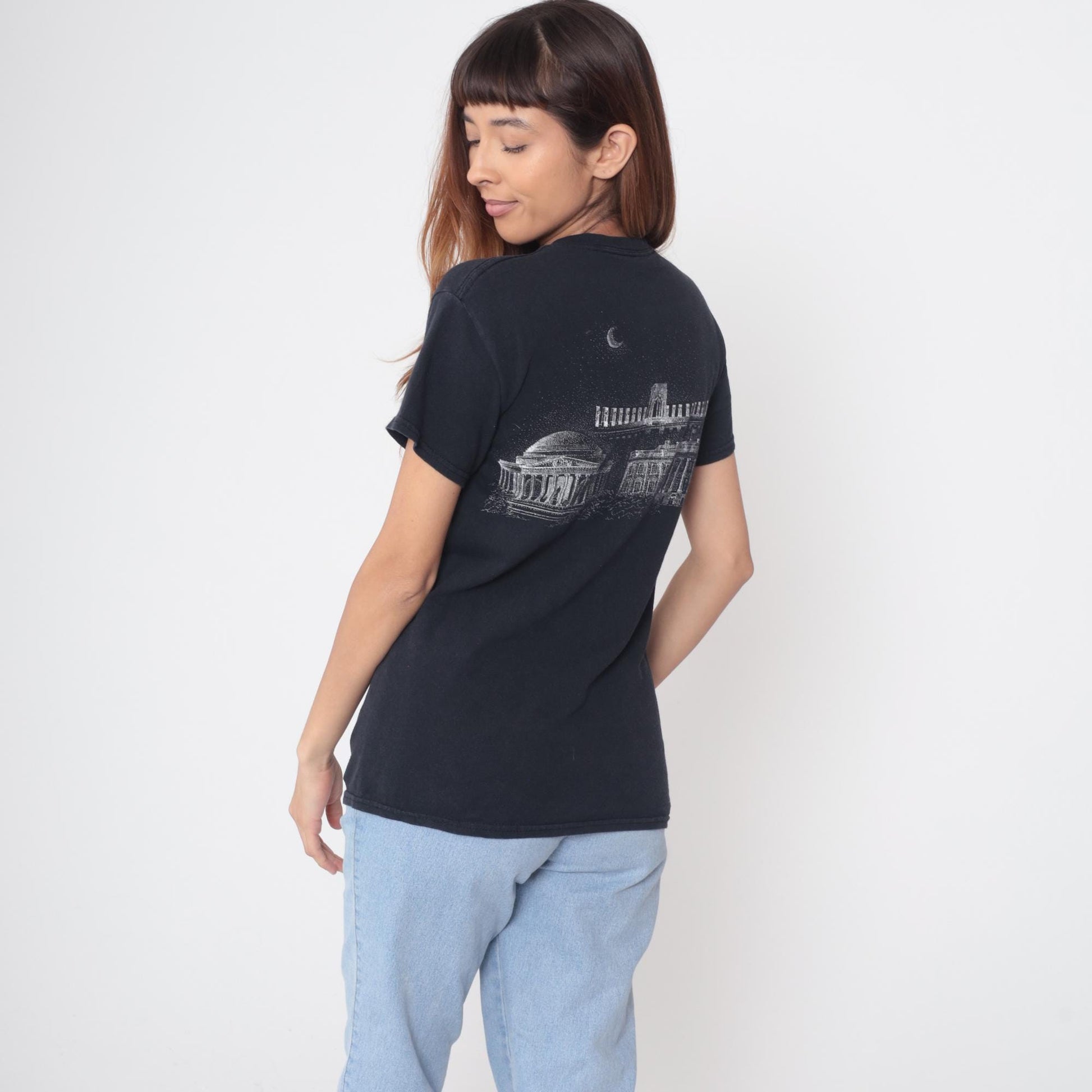 Y2K Washington DC Skyline Graphic Tee Black Cotton Monument Small