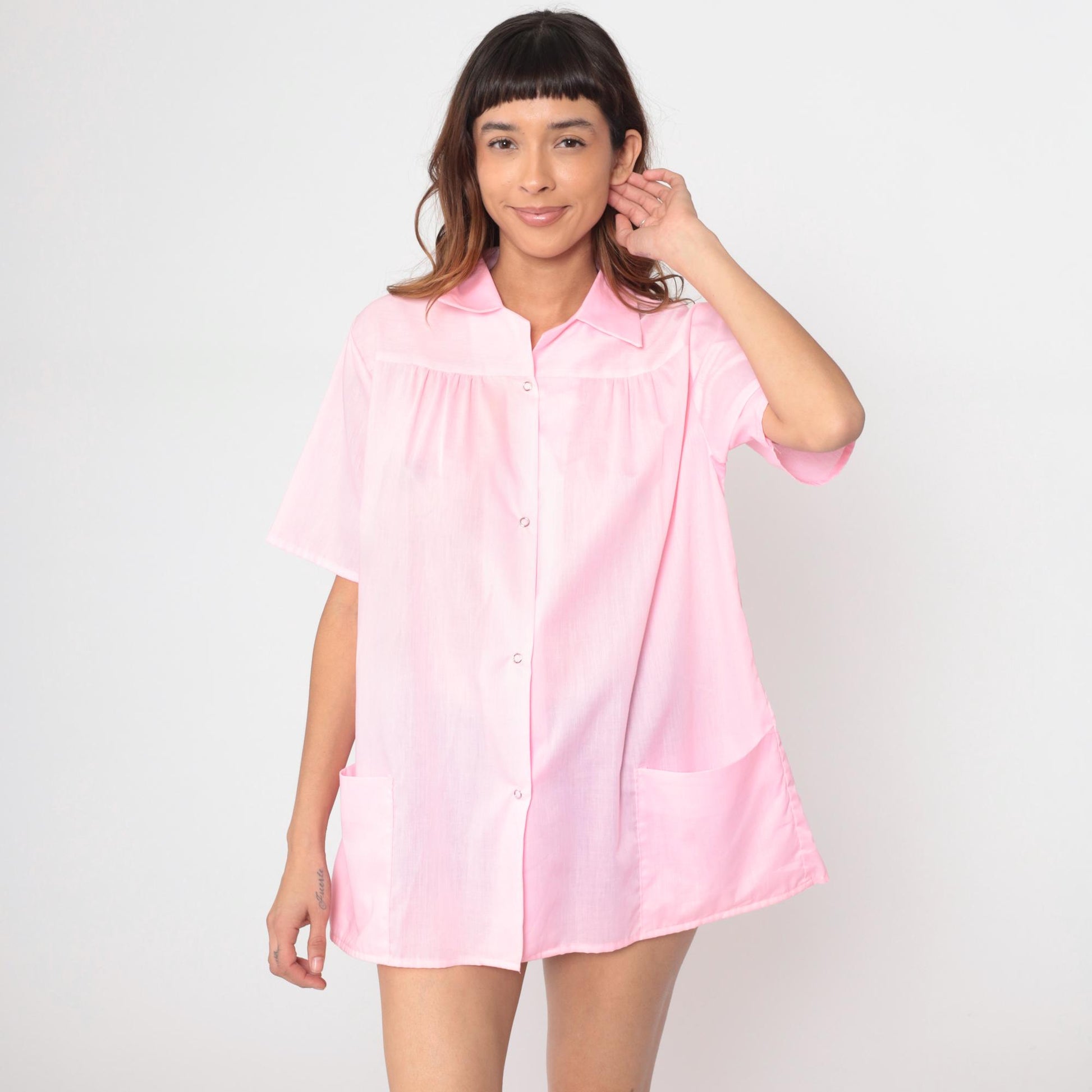 70s Kani of Kalifornia Pink Snap Front Tunic Blouse Large L