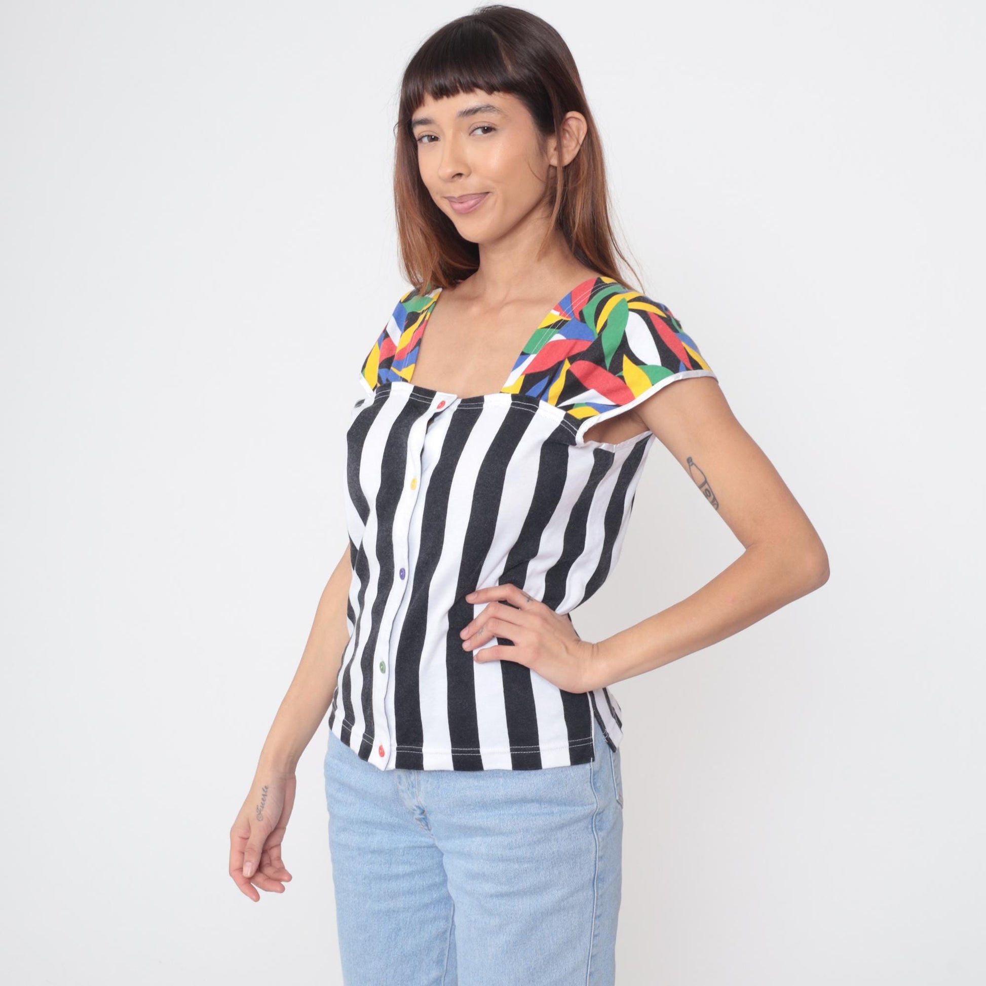 80s Lucie Ann Pattern Mix Top Stripe Geometric Colorblock Small S