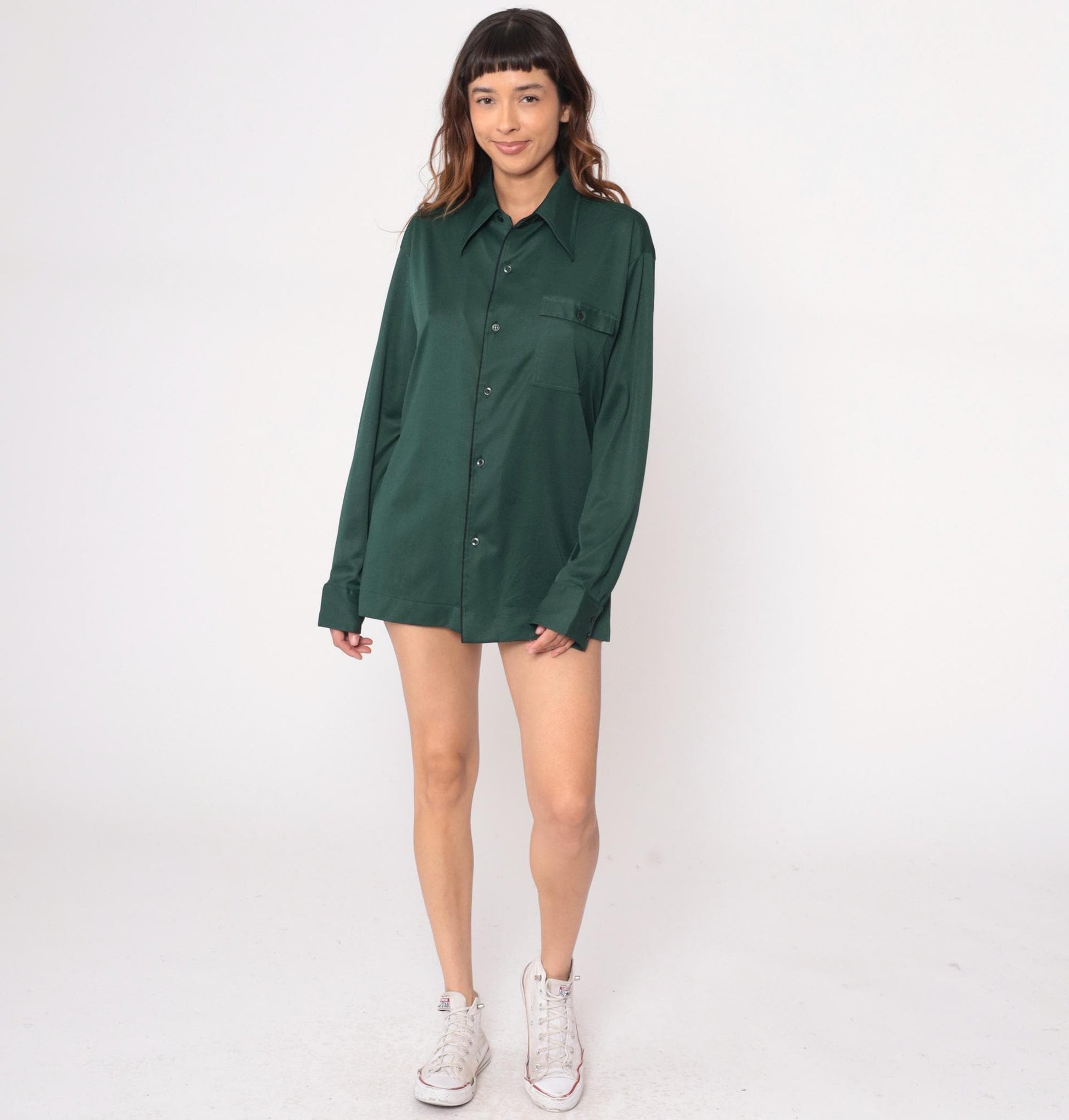 70s Forest Green Button-Front Shirt Long Sleeve Pointed Collar Polyester Large L