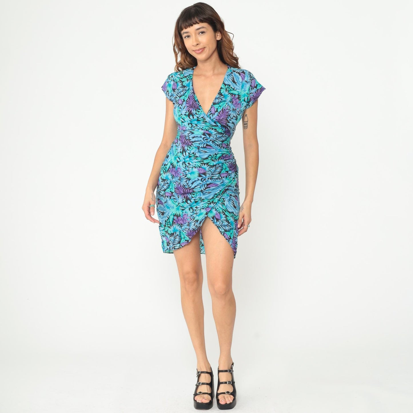 90s Tropical Floral Wrap Dress Turquoise Purple Rayon Mini XS