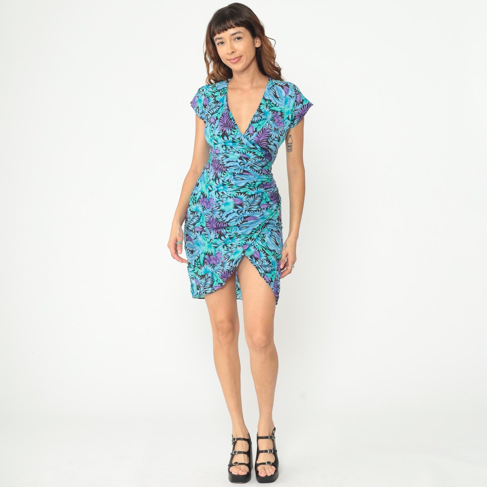 90s Tropical Floral Wrap Dress Turquoise Purple Rayon Mini XS