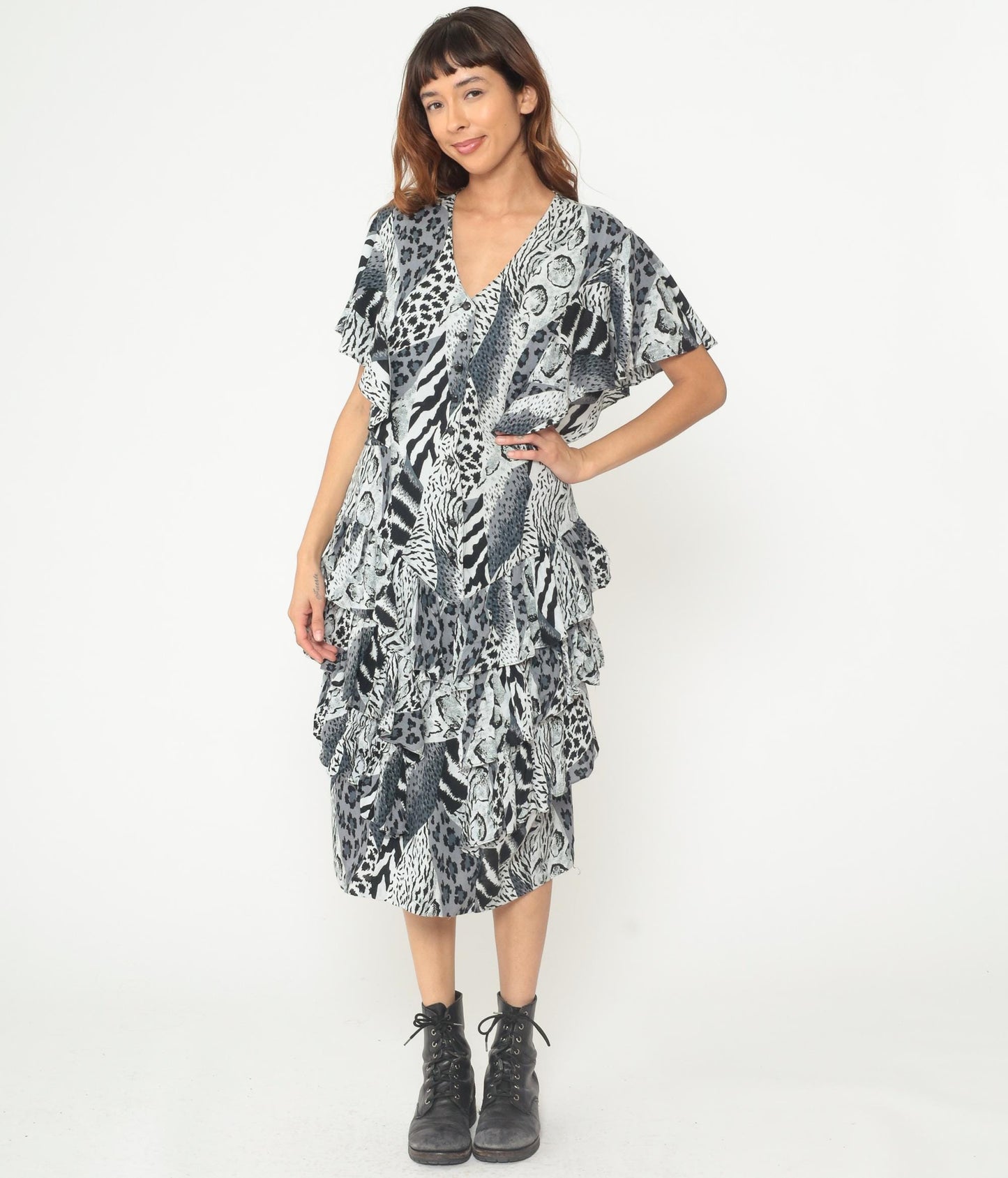 90s Animal Print Midi Dress Black White Leopard Zebra Button Front Flutter Sleeve Medium M