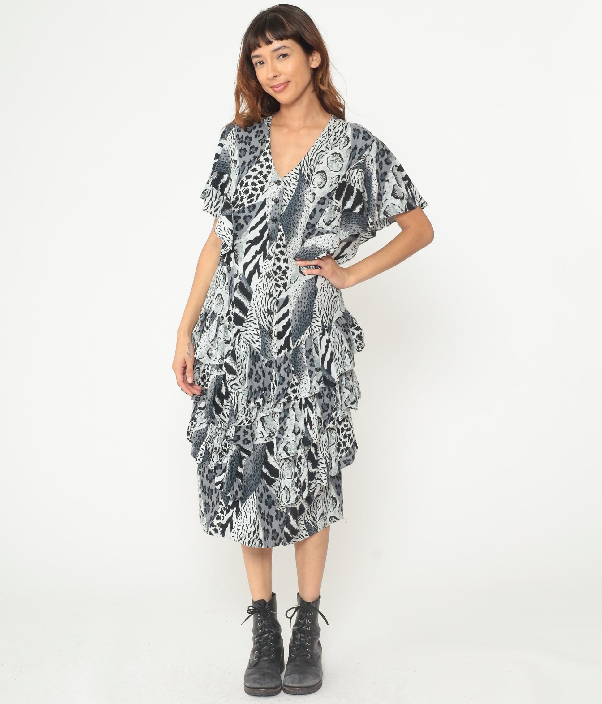 90s Animal Print Midi Dress Black White Leopard Zebra Button Front Flutter Sleeve Medium M
