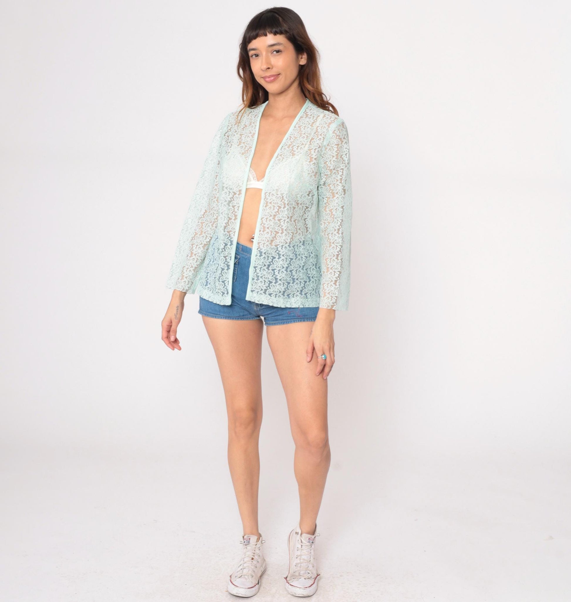 70s Montgomery Ward Mint Lace Cardigan Open Front Floral Small