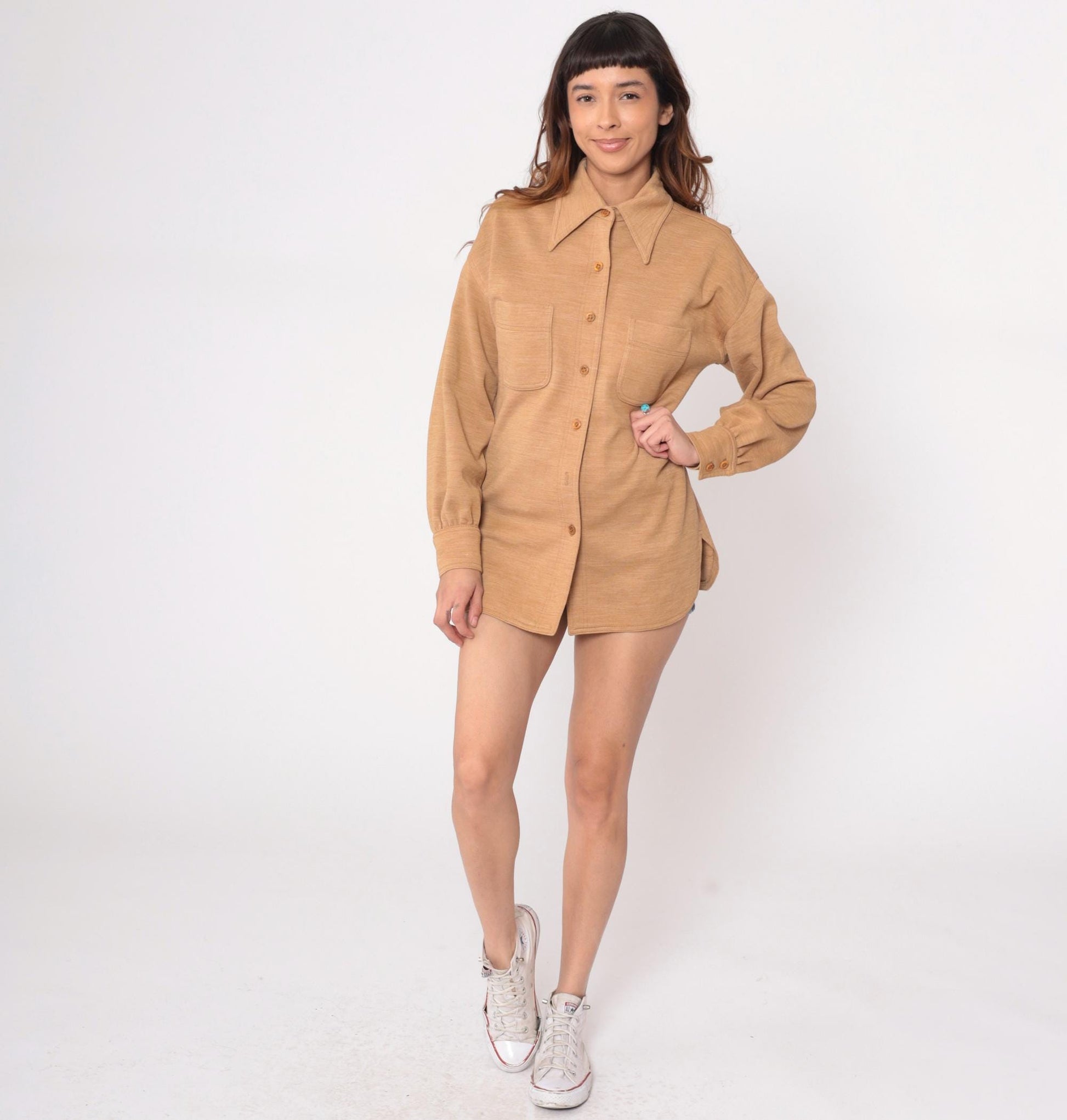 70s Act III Wool Shirt Tan Button Front Collared Tunic Large L
