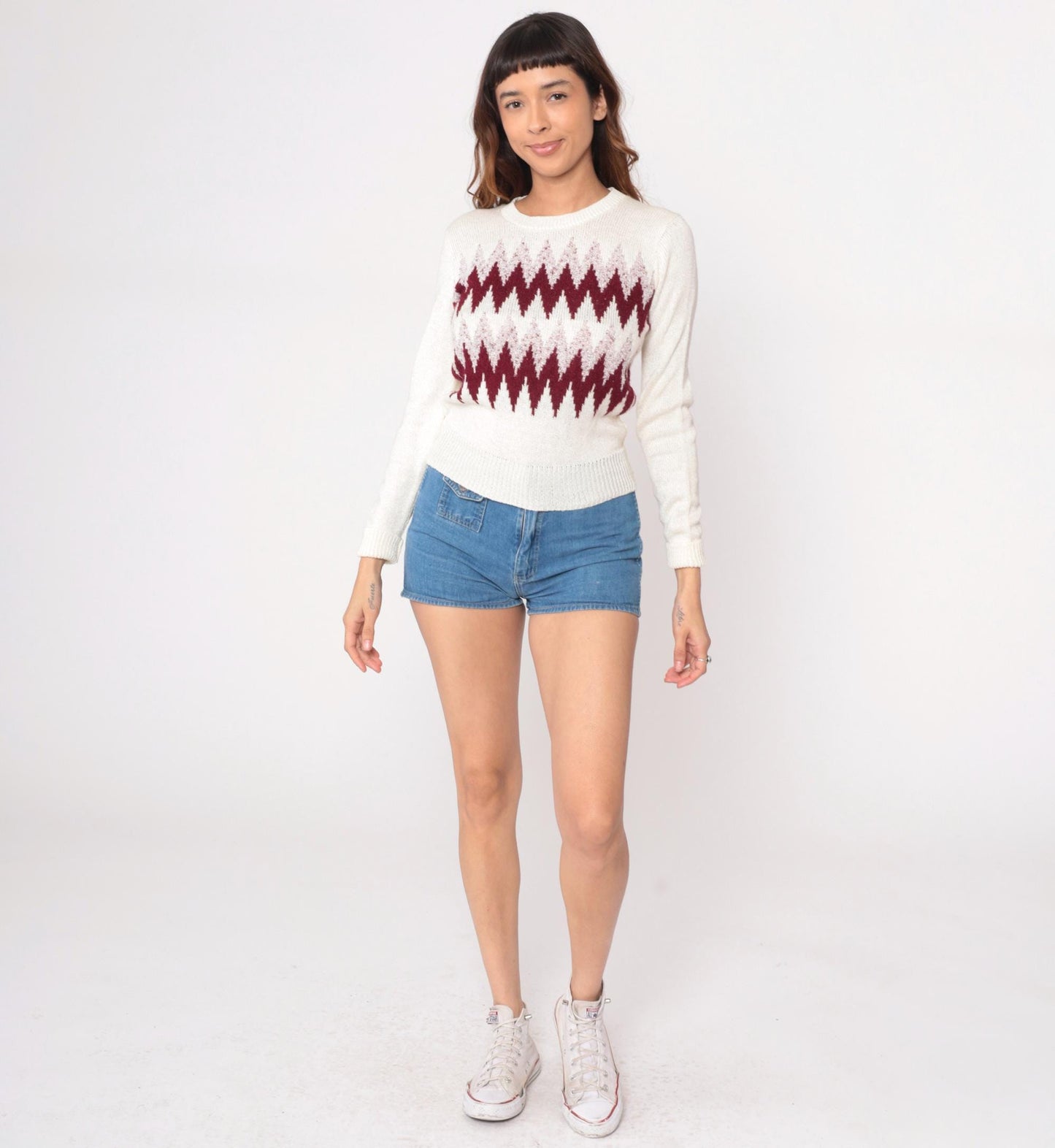 80s Cream Sweater Burgundy Mauve Diamond Geometric Crew Neck Small S