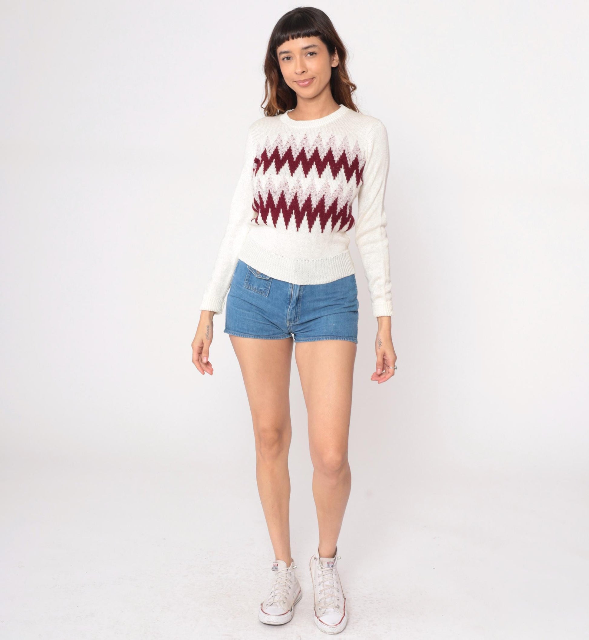 80s Cream Sweater Burgundy Mauve Diamond Geometric Crew Neck Small S