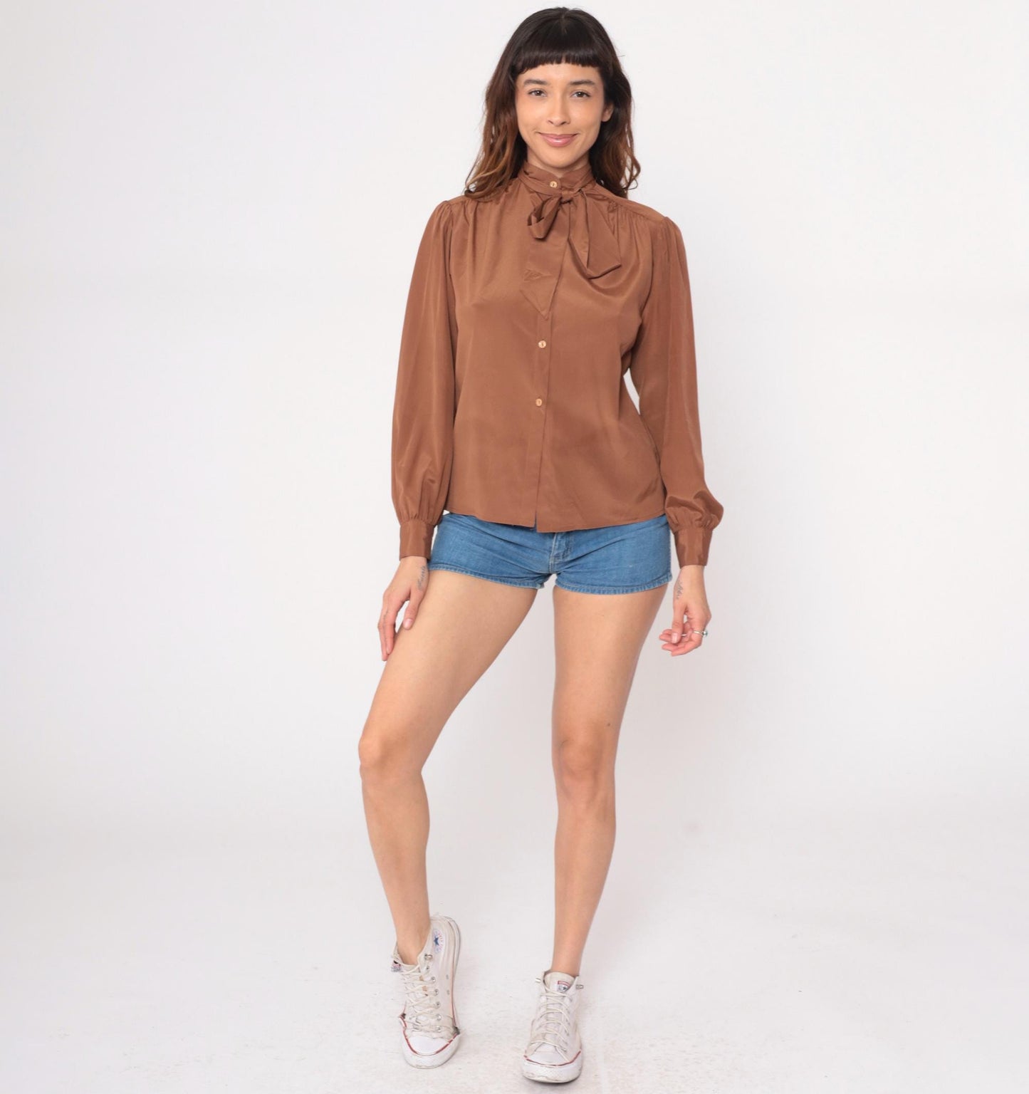 80s Brown Pussy Bow Blouse Long Sleeve Button Front Office Shirt Medium