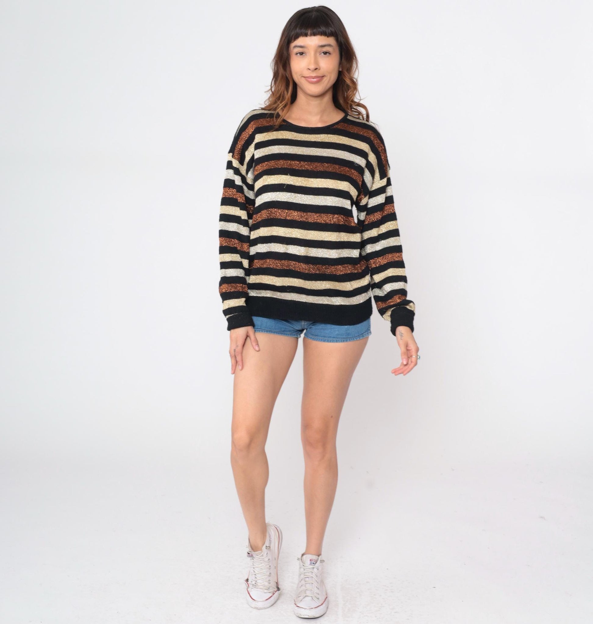 80s Casual Corner Metallic Striped Wool Sweater Black Cream Copper Medium