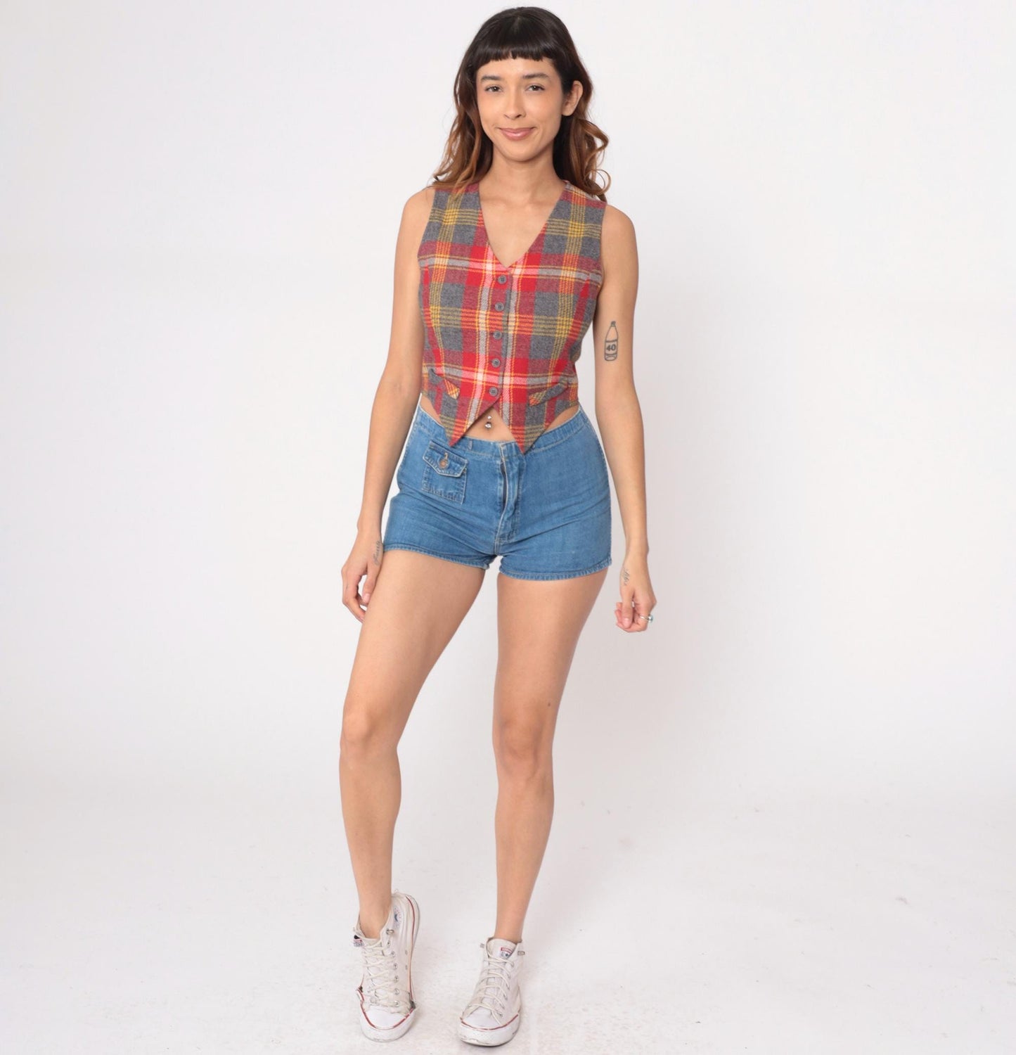 70s Bobbie Brooks Plaid Wool Vest Red Grey Gold V-Neck Extra Small XS