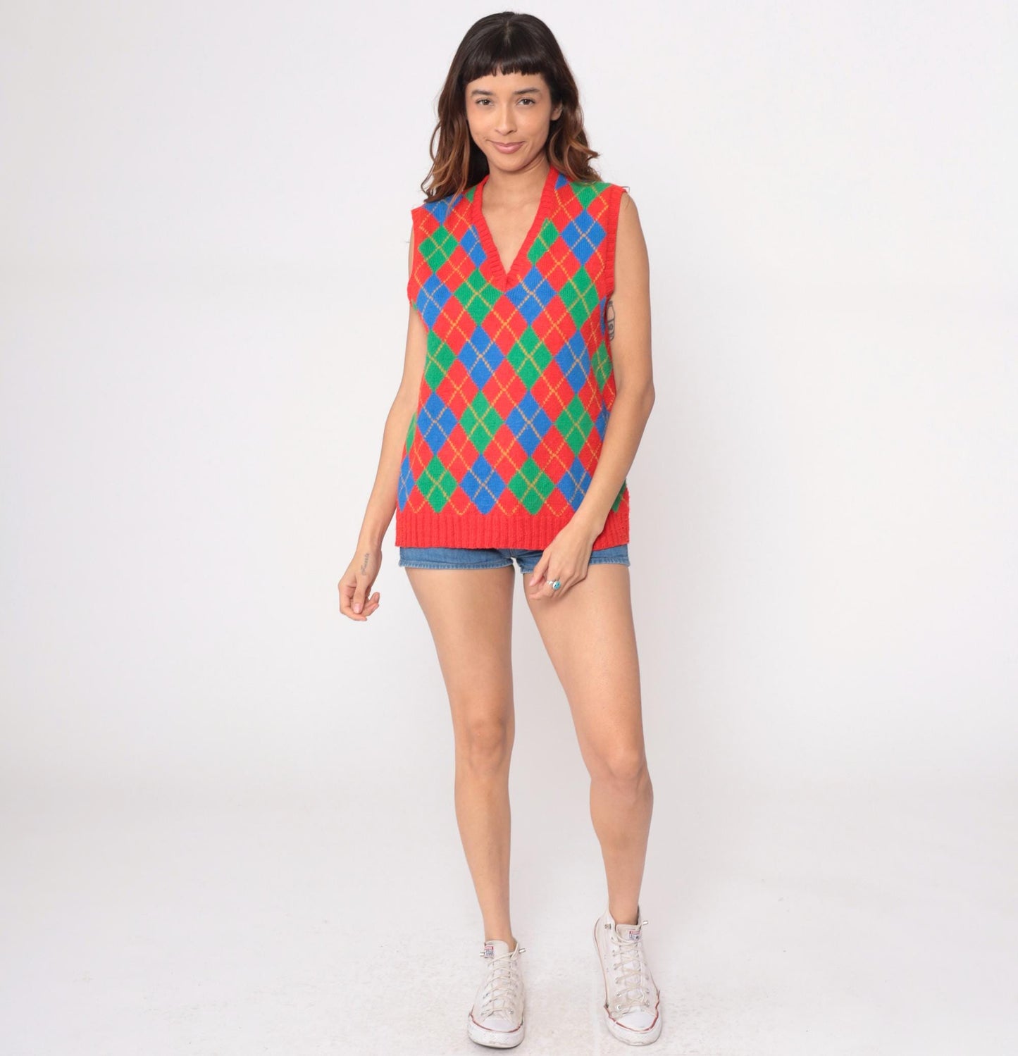 80s Adrie Matheson Hand Knit Argyle Vest V-Neck Multicolor Diamond Medium