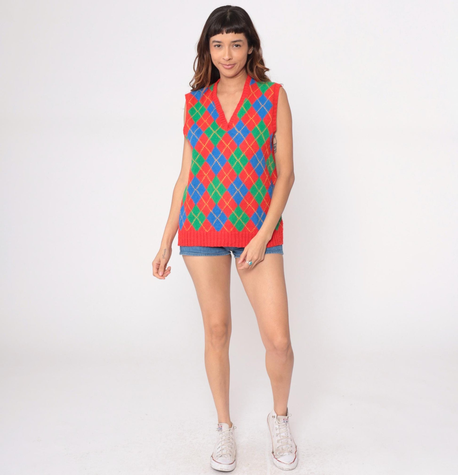 80s Adrie Matheson Hand Knit Argyle Vest V-Neck Multicolor Diamond Medium