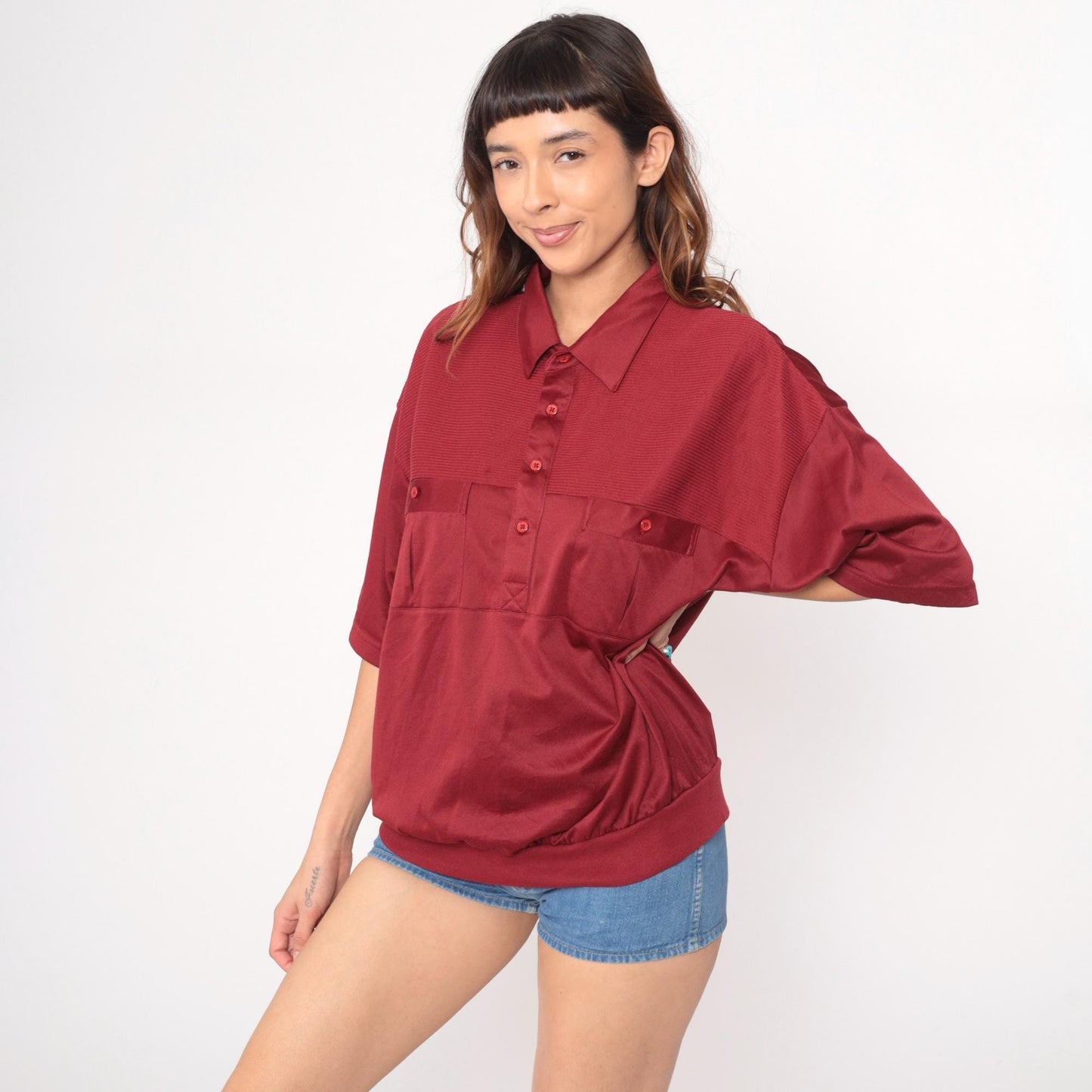 80s Burgundy Polo Shirt Classics by Palmland Button Front Cotton Extra Large XL