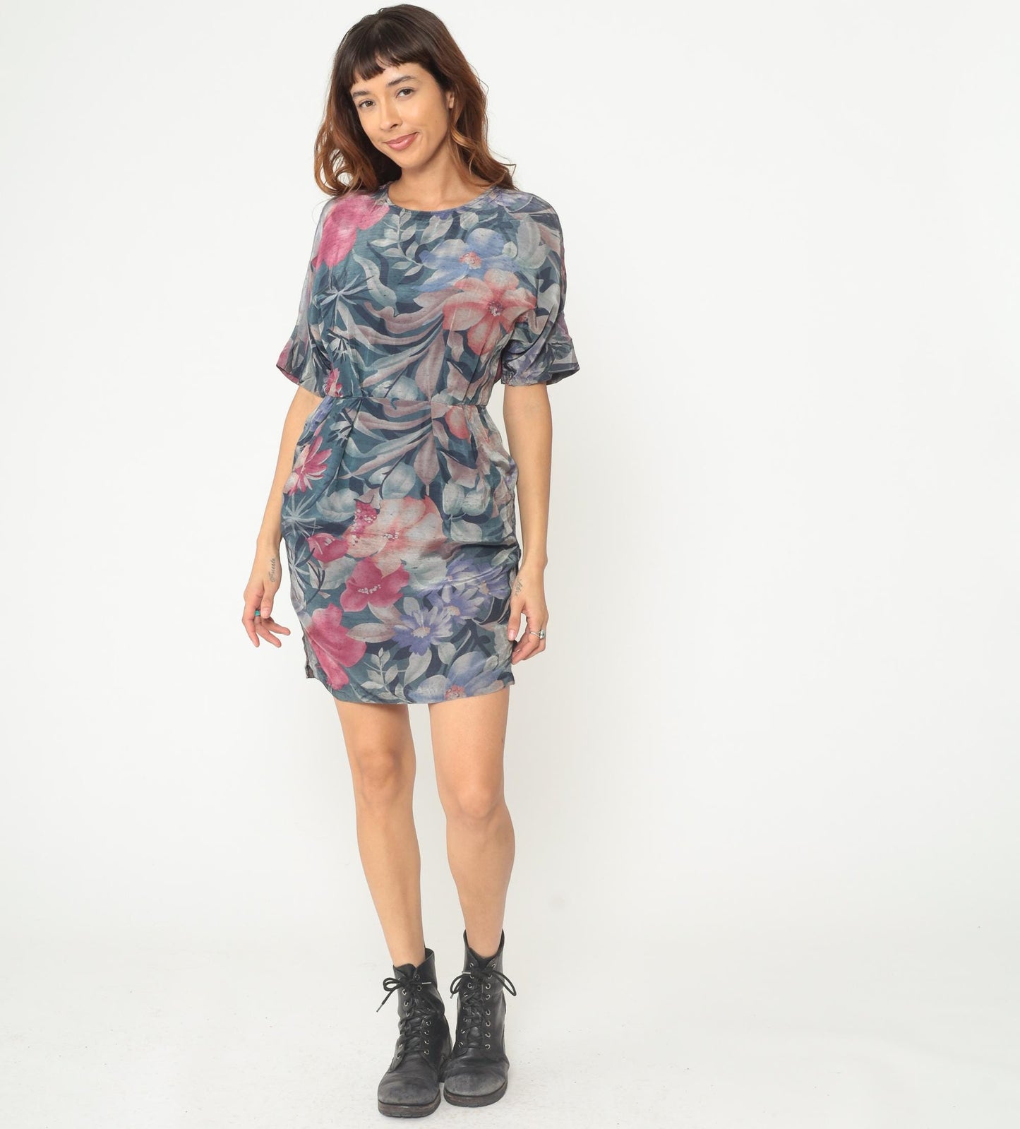 90s Watercolor Floral Mini Dress Teal Pink Rayon Flutter Sleeve Medium M