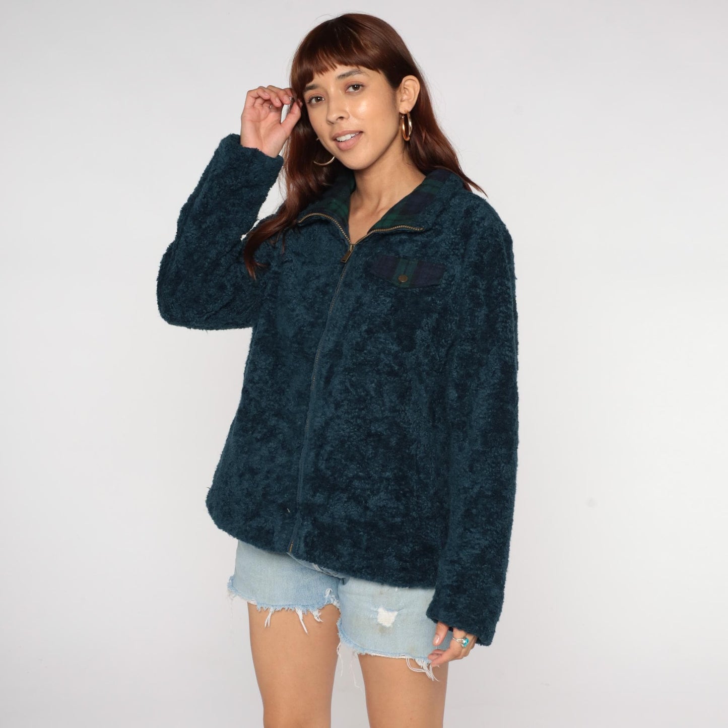 Pendleton Y2K Teal Fleece Jacket Plaid Collar Zip Large L