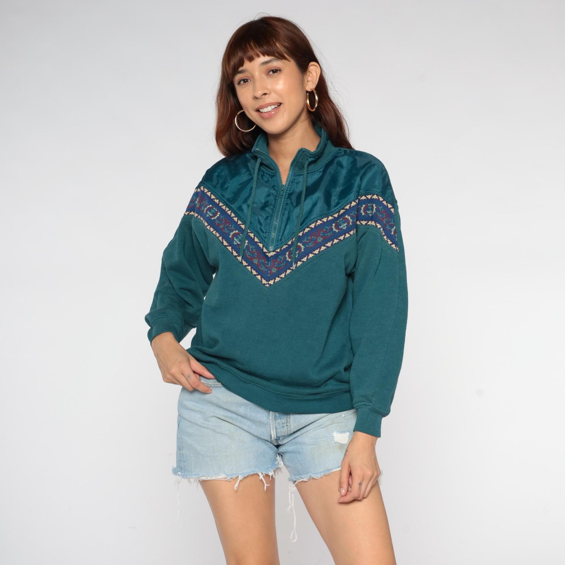 90s Chinawear Southwestern Quarter-Zip Sweatshirt Teal Chevron Embroidered Small