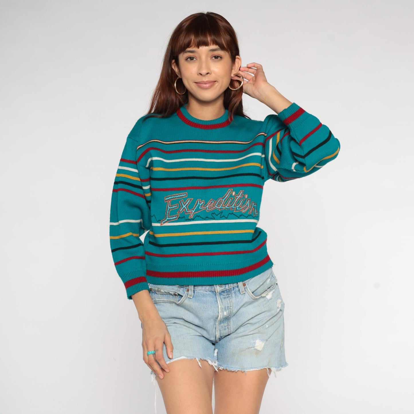 90s Teal Striped Crewneck Sweater Expedition Antarctic Embroidered XS