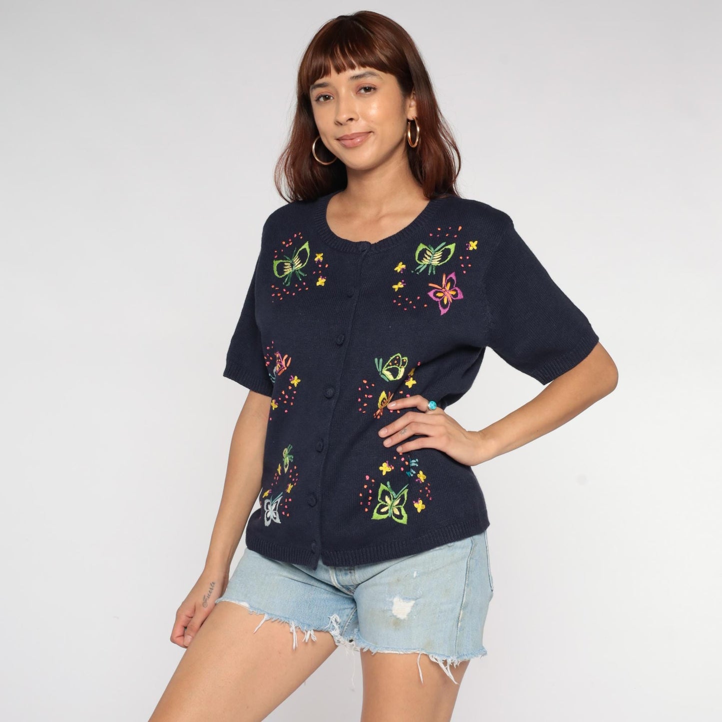 90s Navy Embroidered Butterfly Cardigan Short Sleeve Button Front Large L