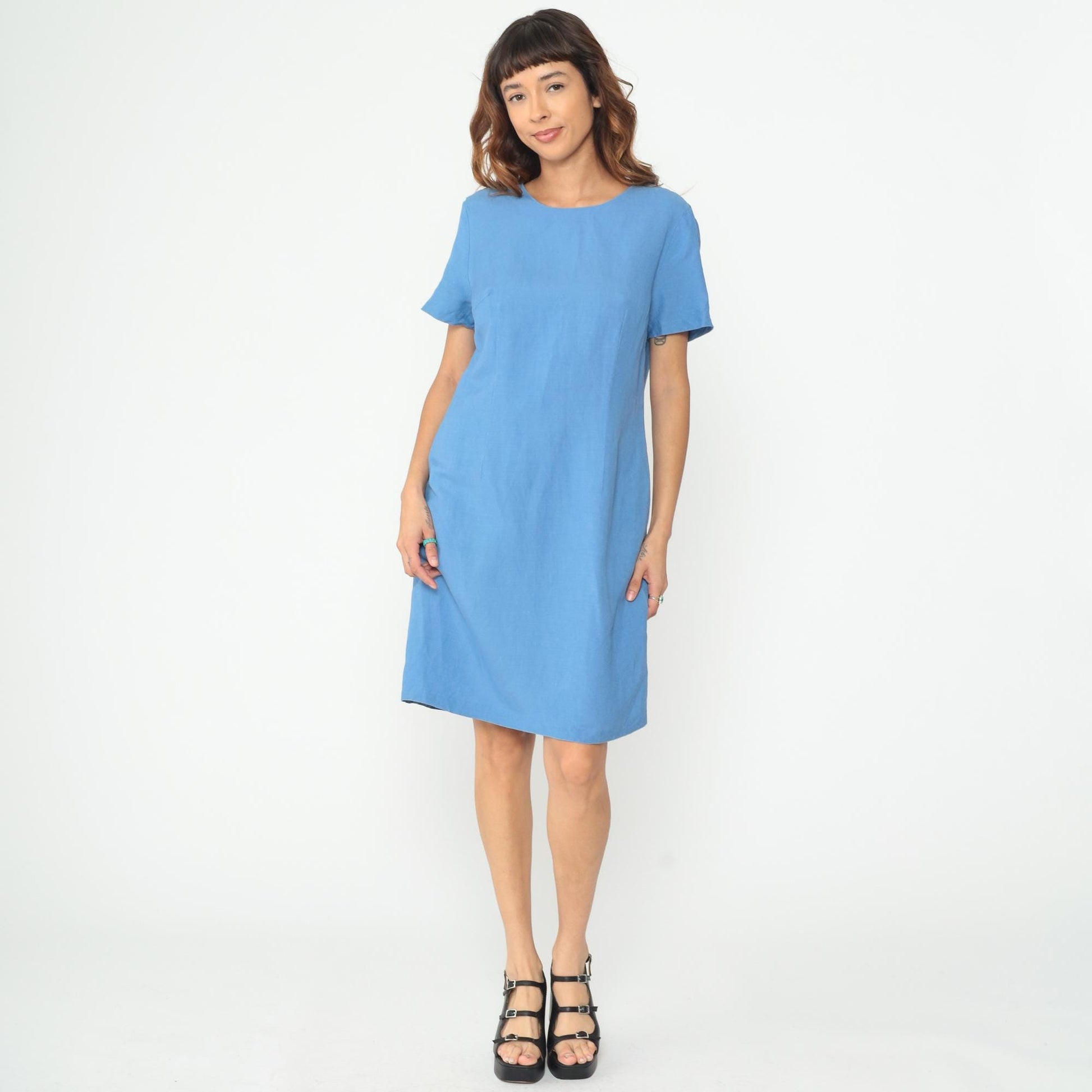 Y2K Blue Shift Dress Short Sleeve Crew Neck Midi Large L